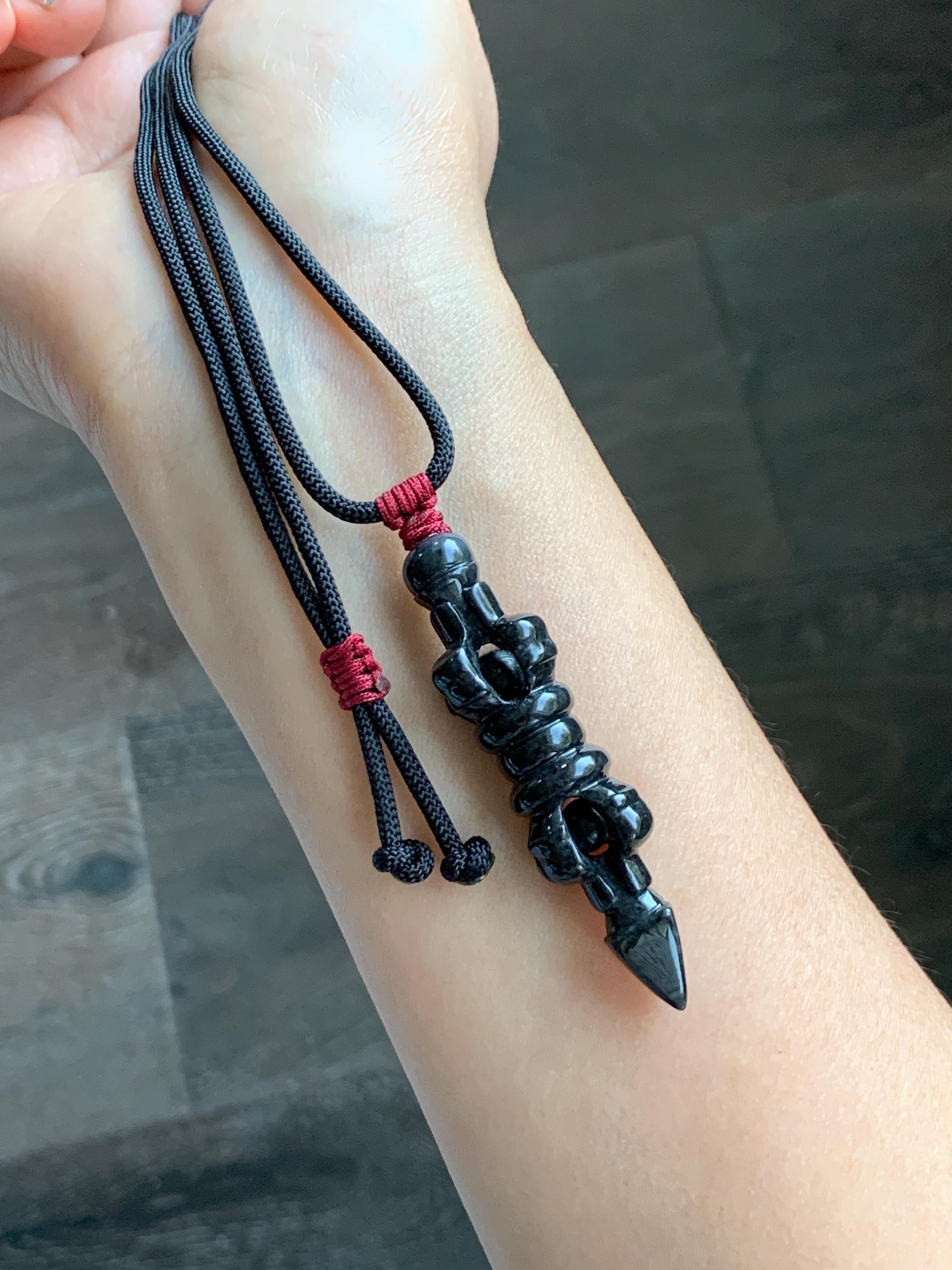 Natural Grade A Opaque Black Jade Jadeite Carved Vajra Pendant Rope Necklace 28” 14g 天然墨翡降魔杵吊坠项链 MWX200