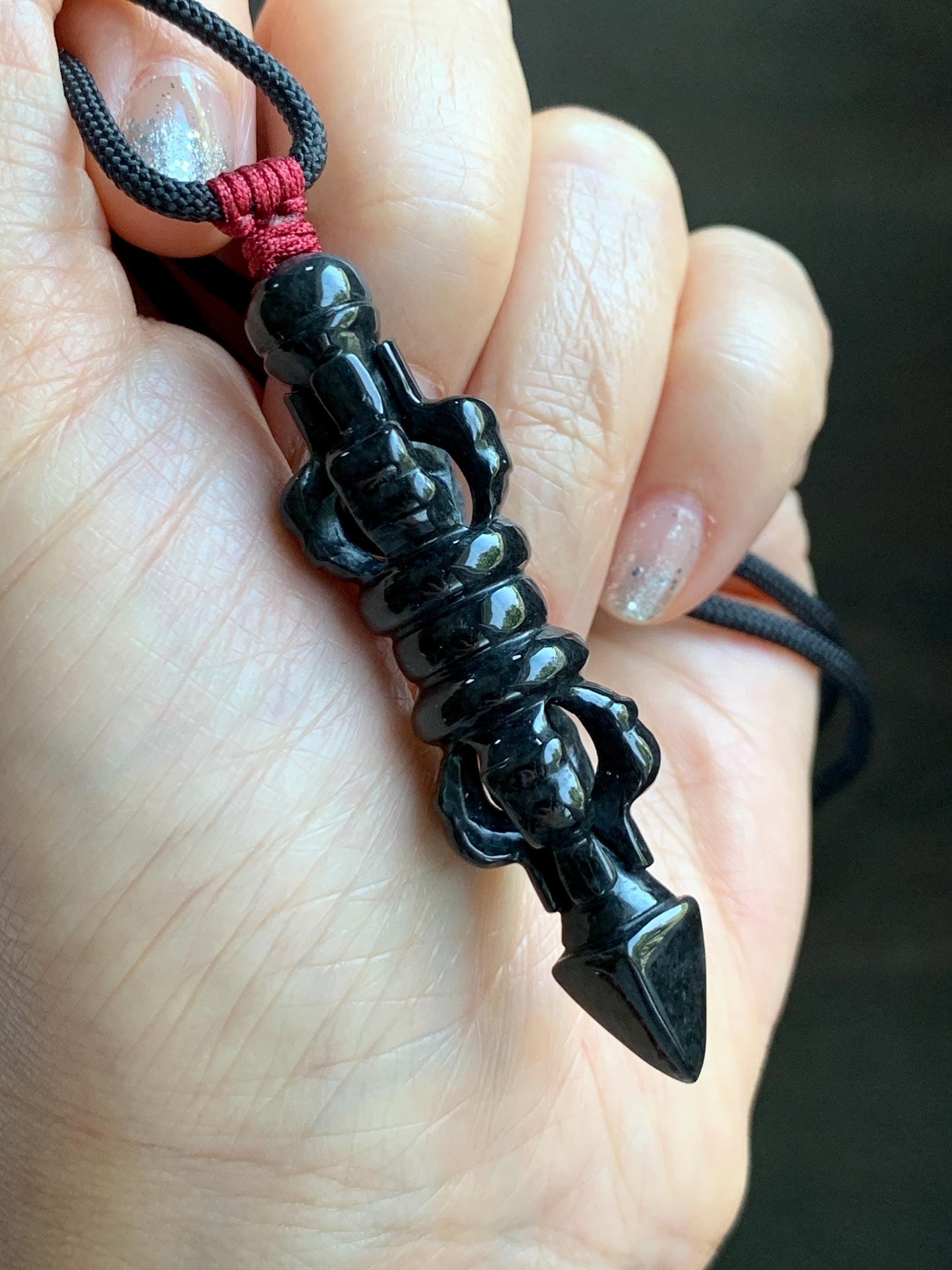 Natural Grade A Opaque Black Jade Jadeite Carved Vajra Pendant Rope Necklace 28” 14g 天然墨翡降魔杵吊坠项链 MWX200