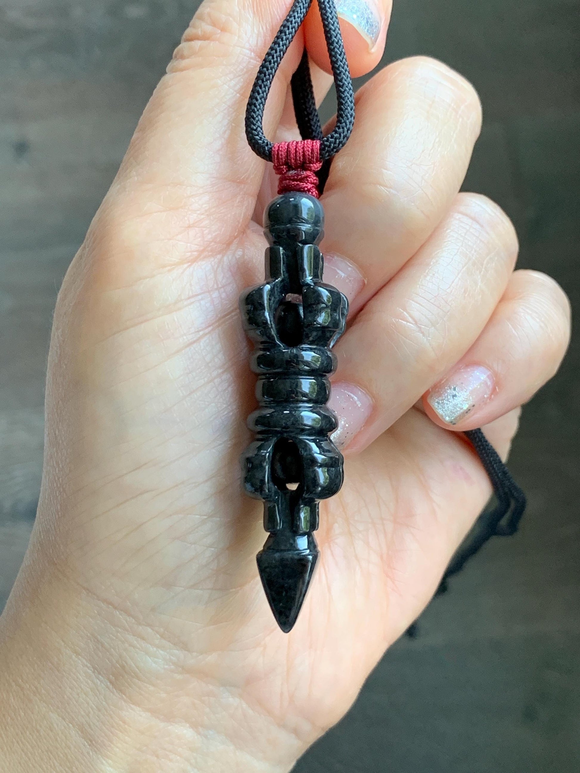 Natural Grade A Opaque Black Jade Jadeite Carved Vajra Pendant Rope Necklace 28” 14g 天然墨翡降魔杵吊坠项链 MWX200