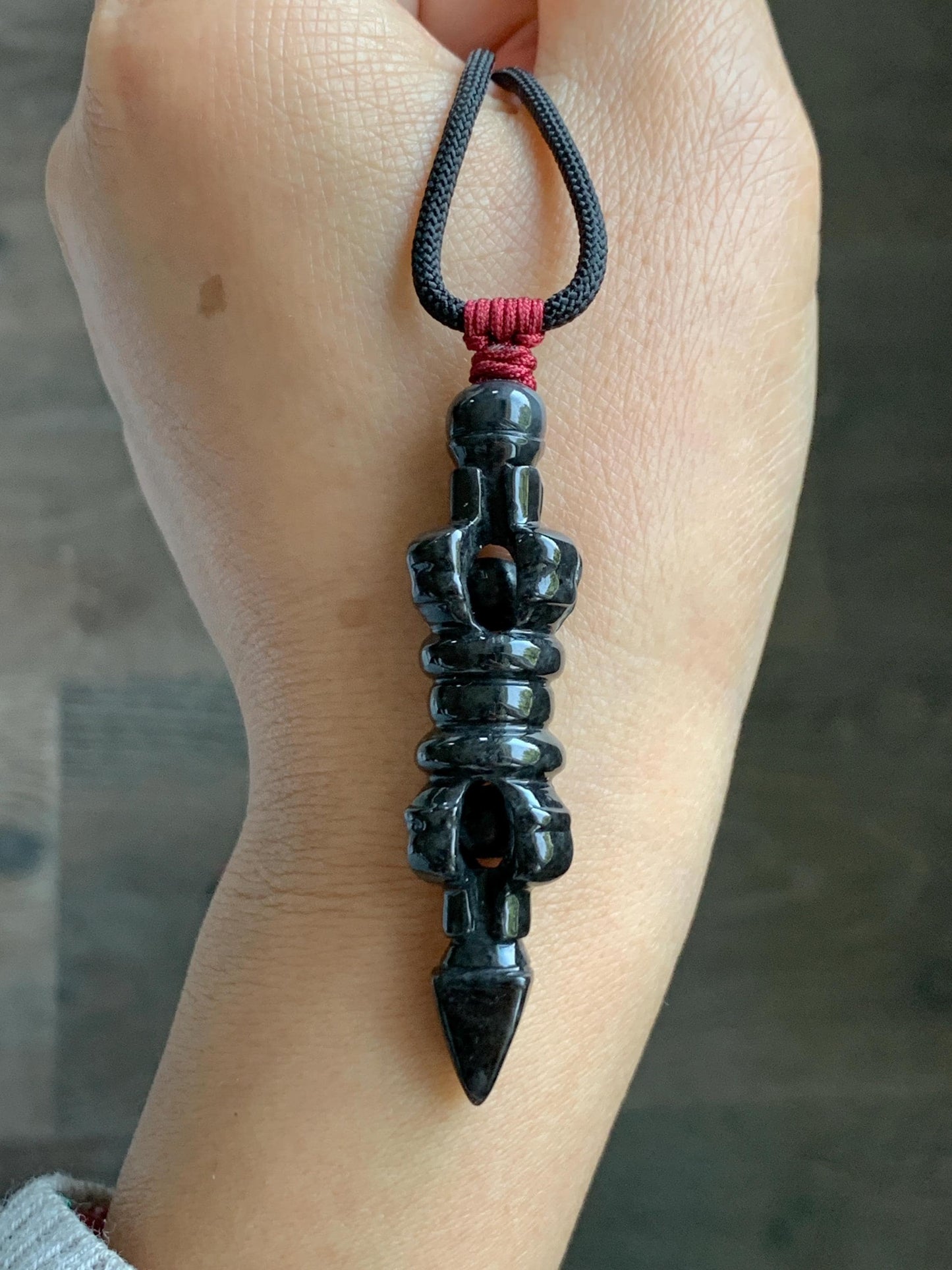 Natural Grade A Opaque Black Jade Jadeite Carved Vajra Pendant Rope Necklace 28” 14g 天然墨翡降魔杵吊坠项链 MWX200