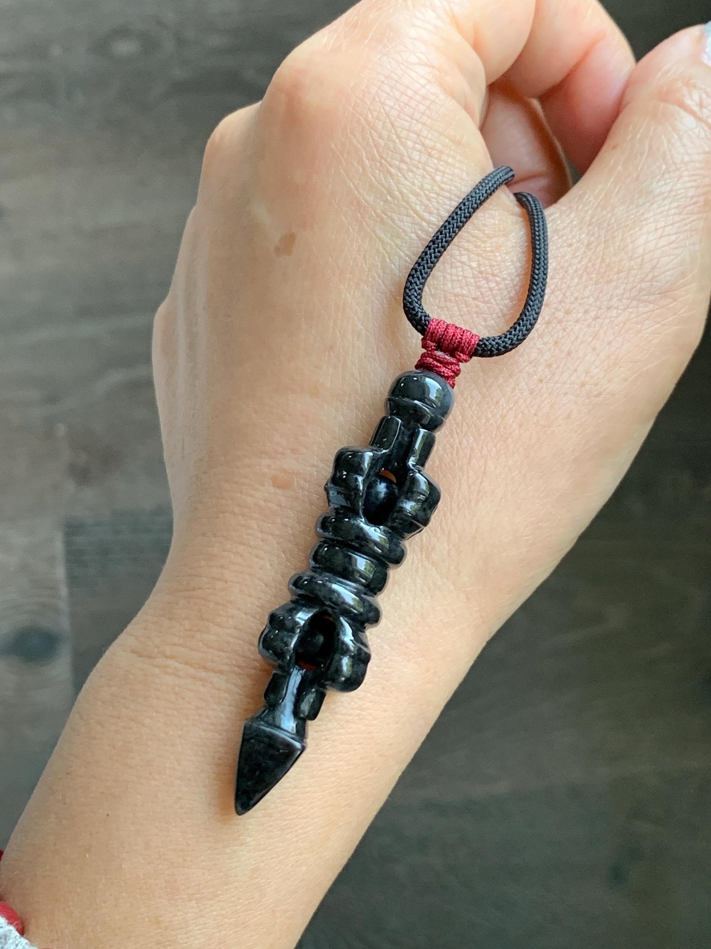 Natural Grade A Opaque Black Jade Jadeite Carved Vajra Pendant Rope Necklace 28” 14g 天然墨翡降魔杵吊坠项链 MWX200