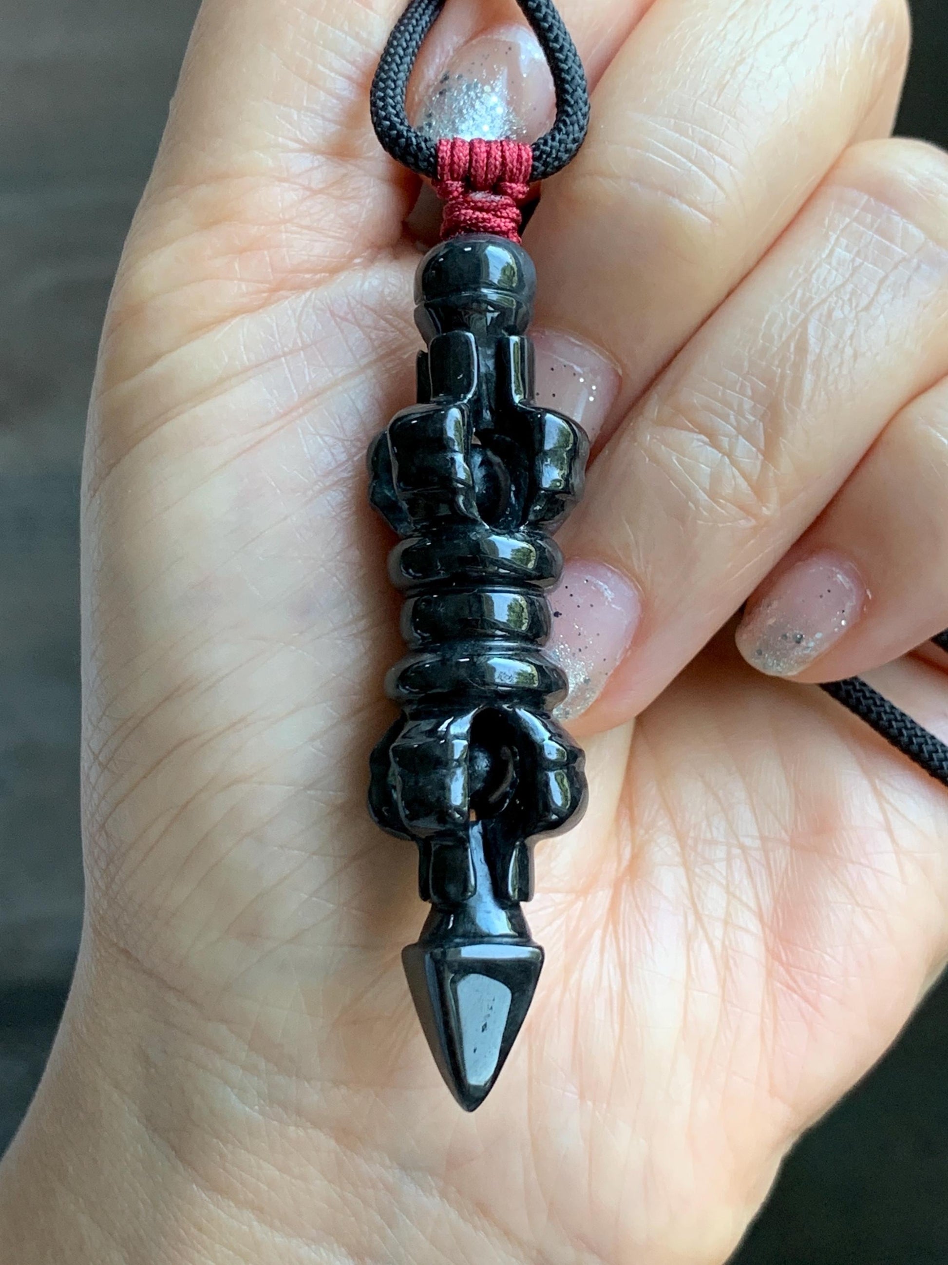 Natural Grade A Opaque Black Jade Jadeite Carved Vajra Pendant Rope Necklace 28” 14g 天然墨翡降魔杵吊坠项链 MWX200