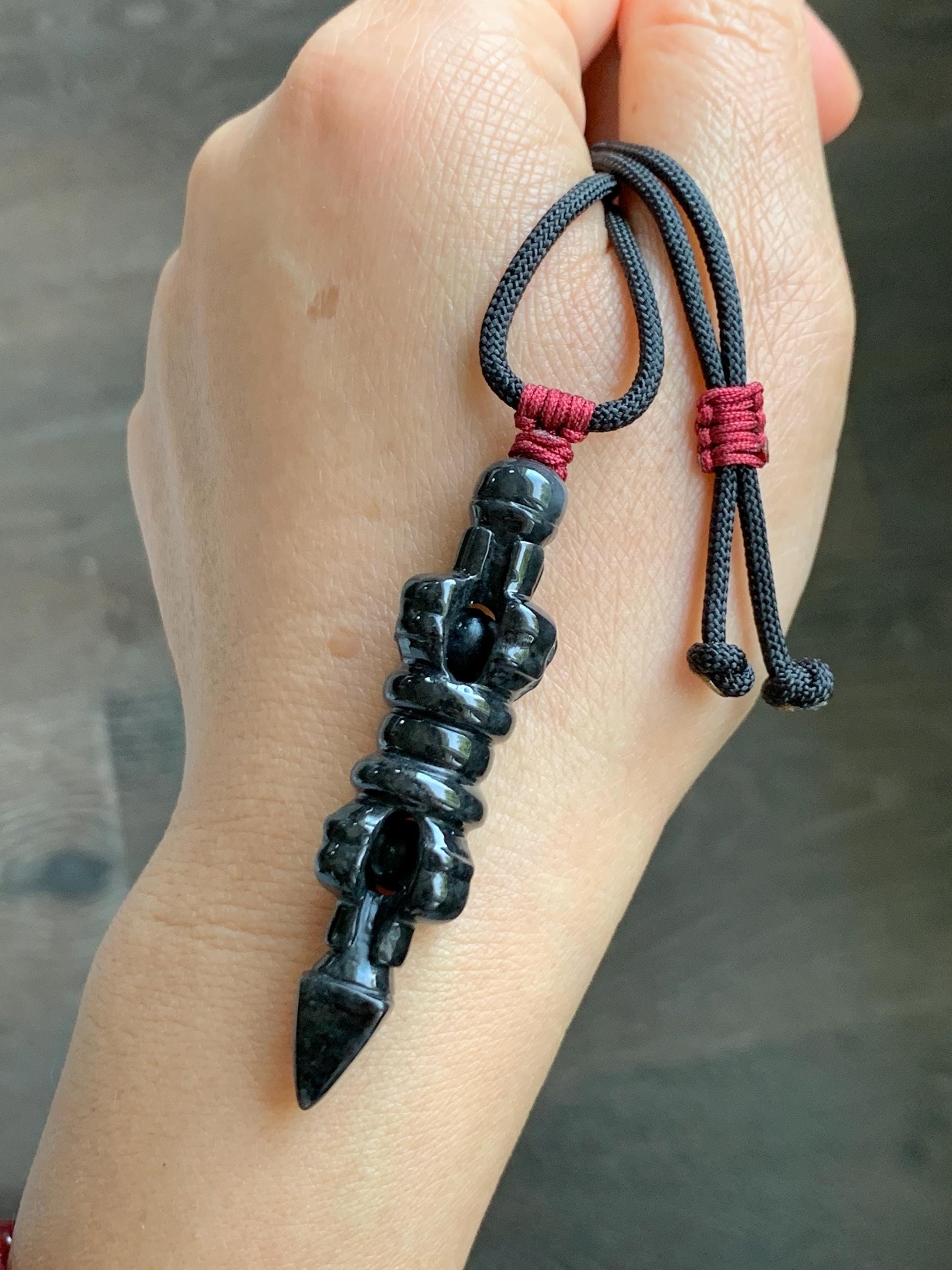 Natural Grade A Opaque Black Jade Jadeite Carved Vajra Pendant Rope Necklace 28” 14g 天然墨翡降魔杵吊坠项链 MWX200