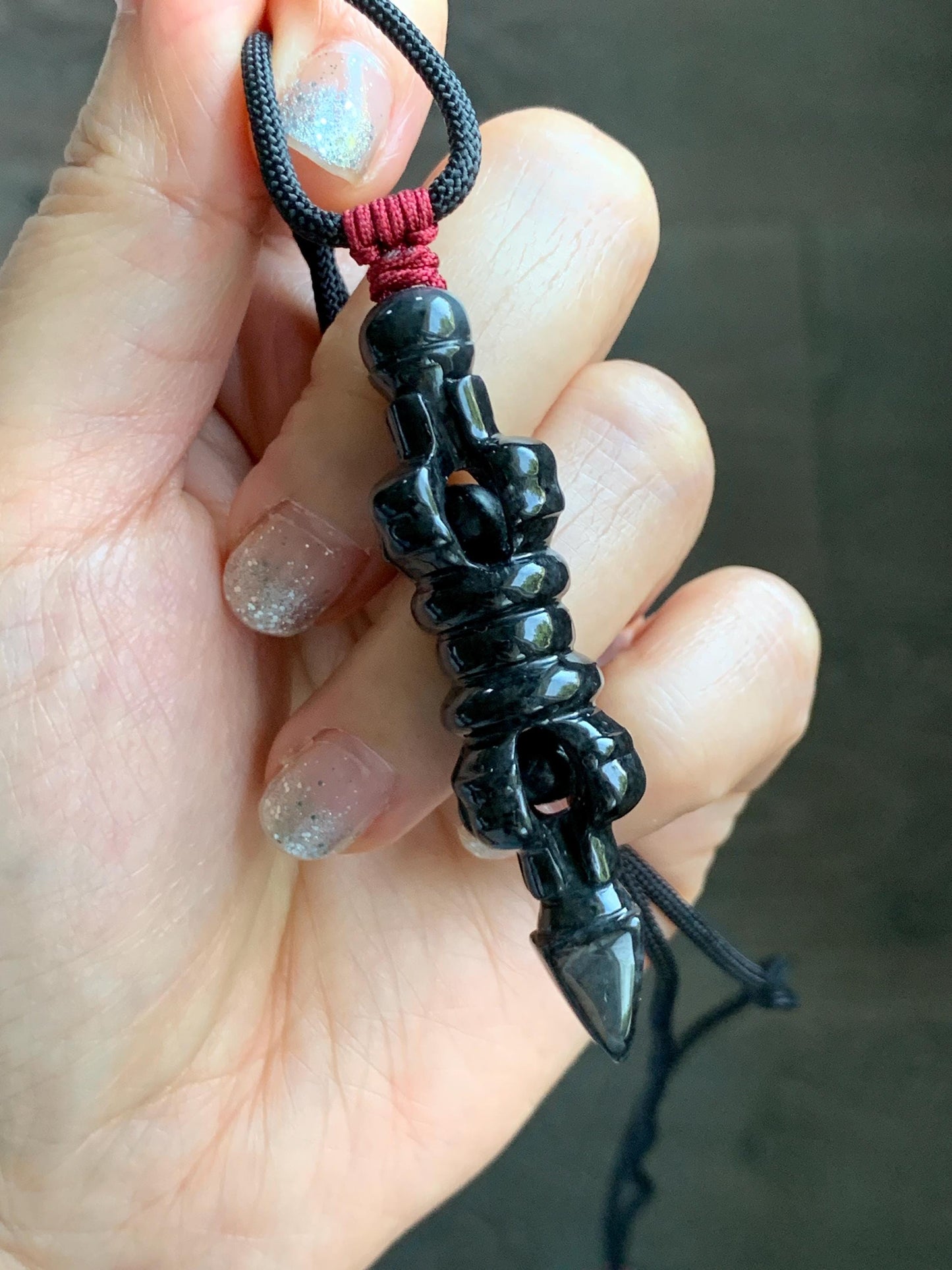 Natural Grade A Opaque Black Jade Jadeite Carved Vajra Pendant Rope Necklace 28” 14g 天然墨翡降魔杵吊坠项链 MWX200