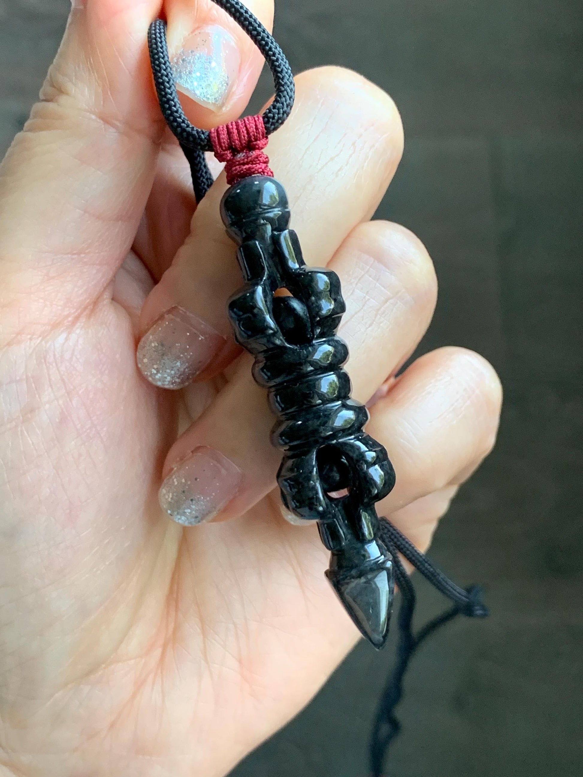 Natural Grade A Opaque Black Jade Jadeite Carved Vajra Pendant Rope Necklace 28” 14g 天然墨翡降魔杵吊坠项链 MWX200