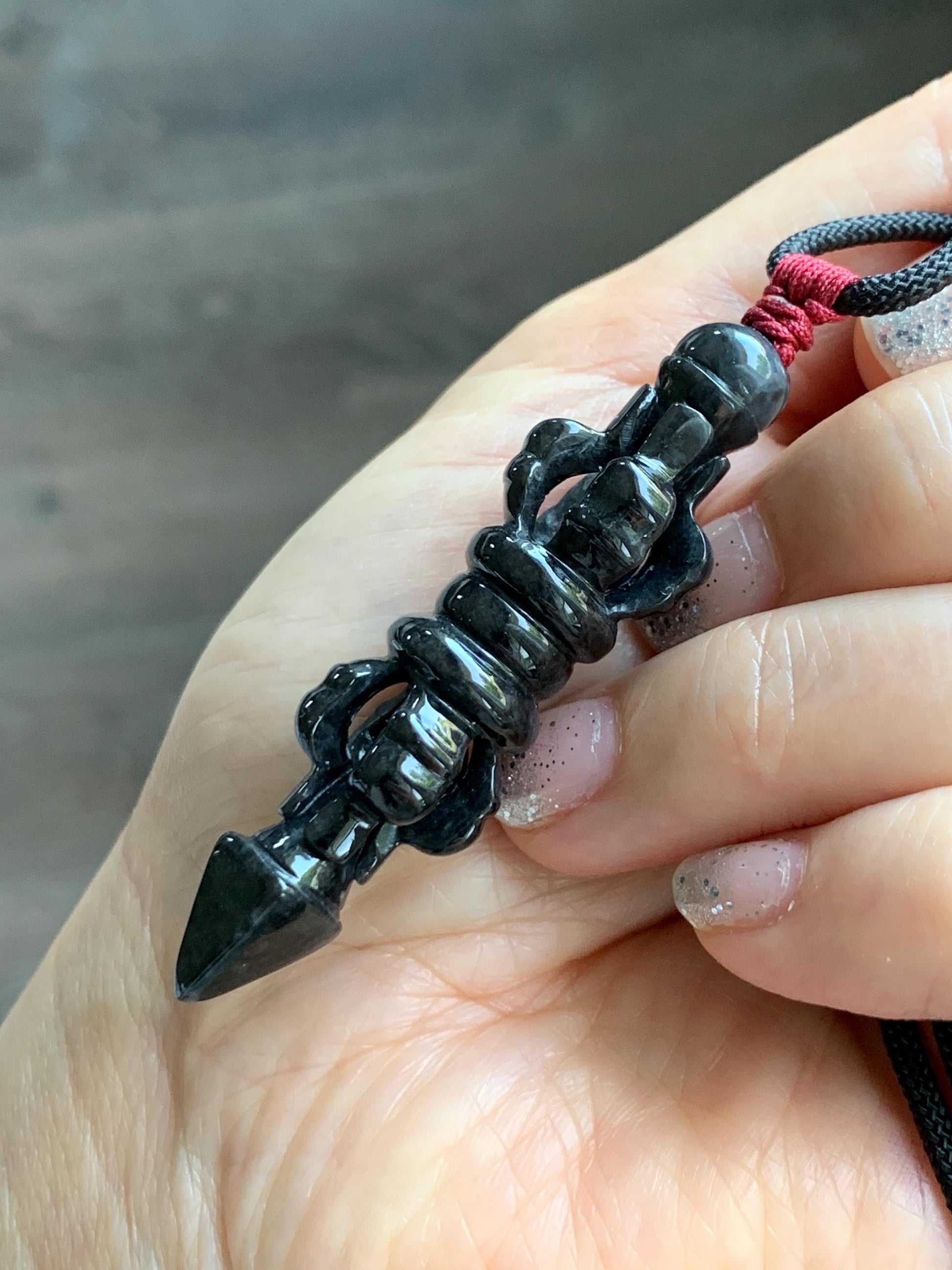 Natural Grade A Opaque Black Jade Jadeite Carved Vajra Pendant Rope Necklace 28” 14g 天然墨翡降魔杵吊坠项链 MWX200