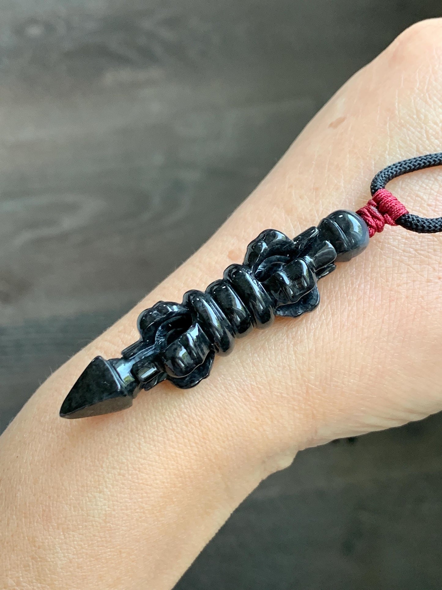 Natural Grade A Opaque Black Jade Jadeite Carved Vajra Pendant Rope Necklace 28” 14g 天然墨翡降魔杵吊坠项链 MWX200
