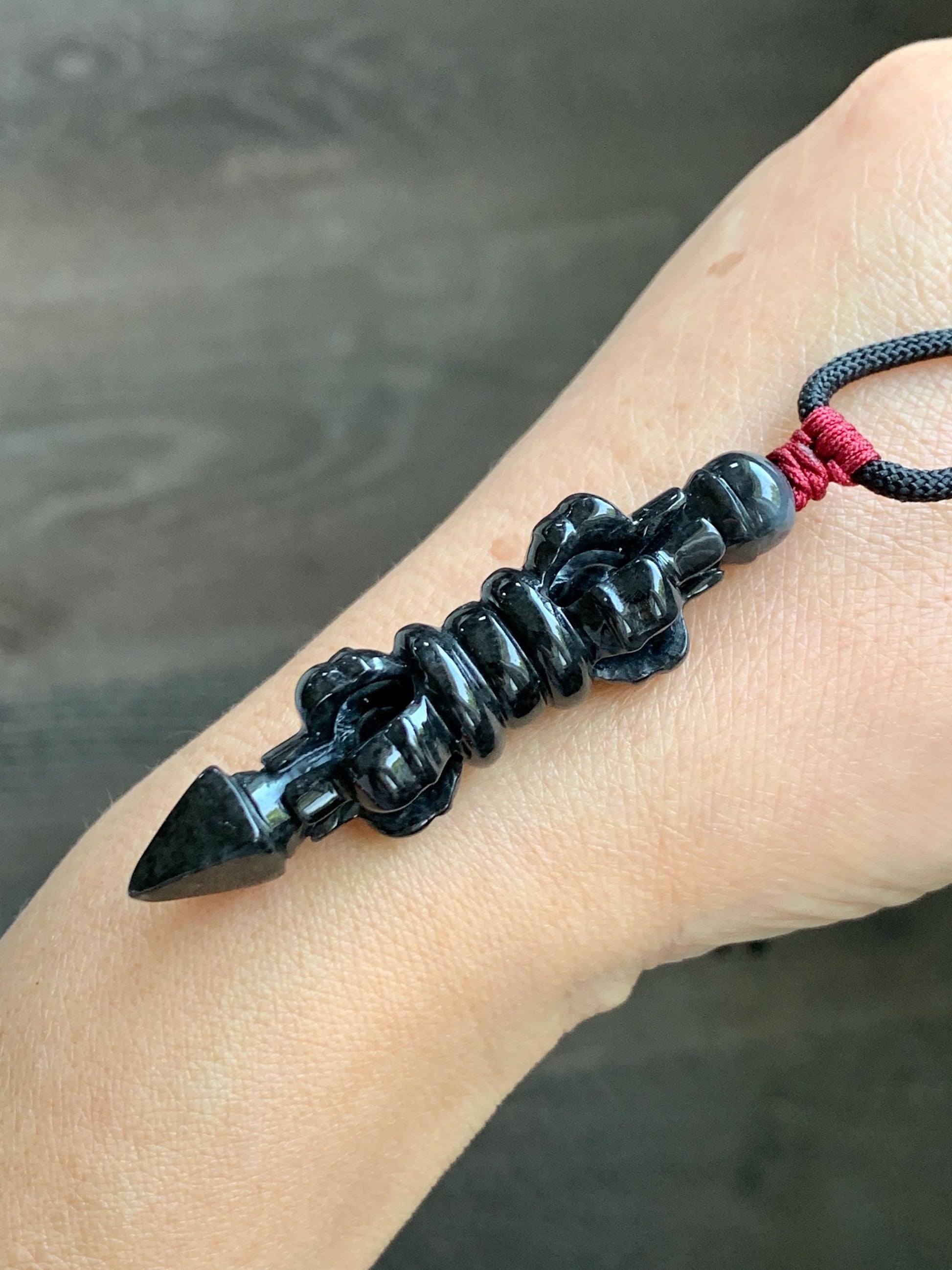 Natural Grade A Opaque Black Jade Jadeite Carved Vajra Pendant Rope Necklace 28” 14g 天然墨翡降魔杵吊坠项链 MWX200