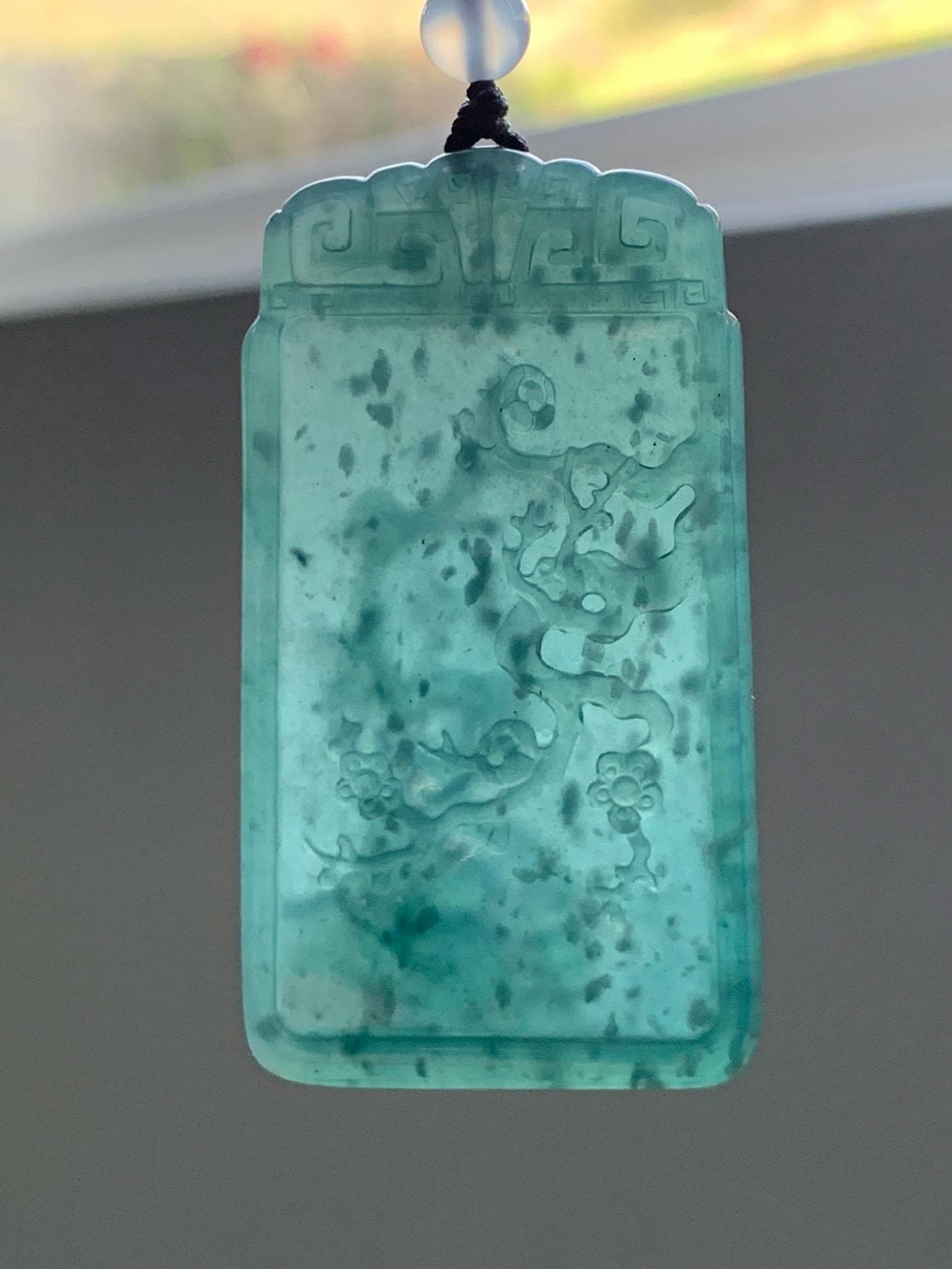 Certified Natural Grade A Guatemalan Icy Translucent Dark Teal Blue Jade Jadeite Cherry Blossom Pendant Rope Necklace 26” 天然冰危深蓝翡翠梅花牌吊坠 489
