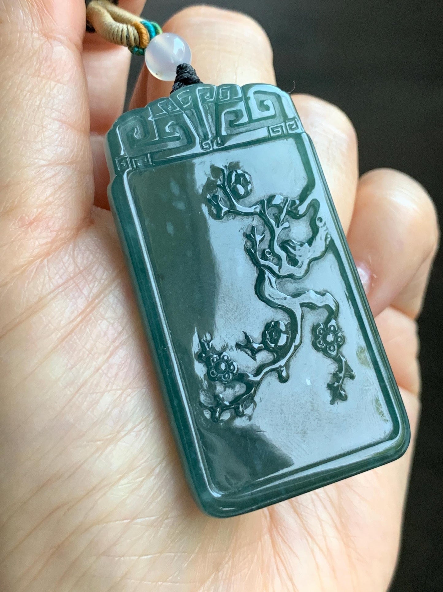 Certified Natural Grade A Guatemalan Icy Translucent Dark Teal Blue Jade Jadeite Cherry Blossom Pendant Rope Necklace 26” 天然冰危深蓝翡翠梅花牌吊坠 489