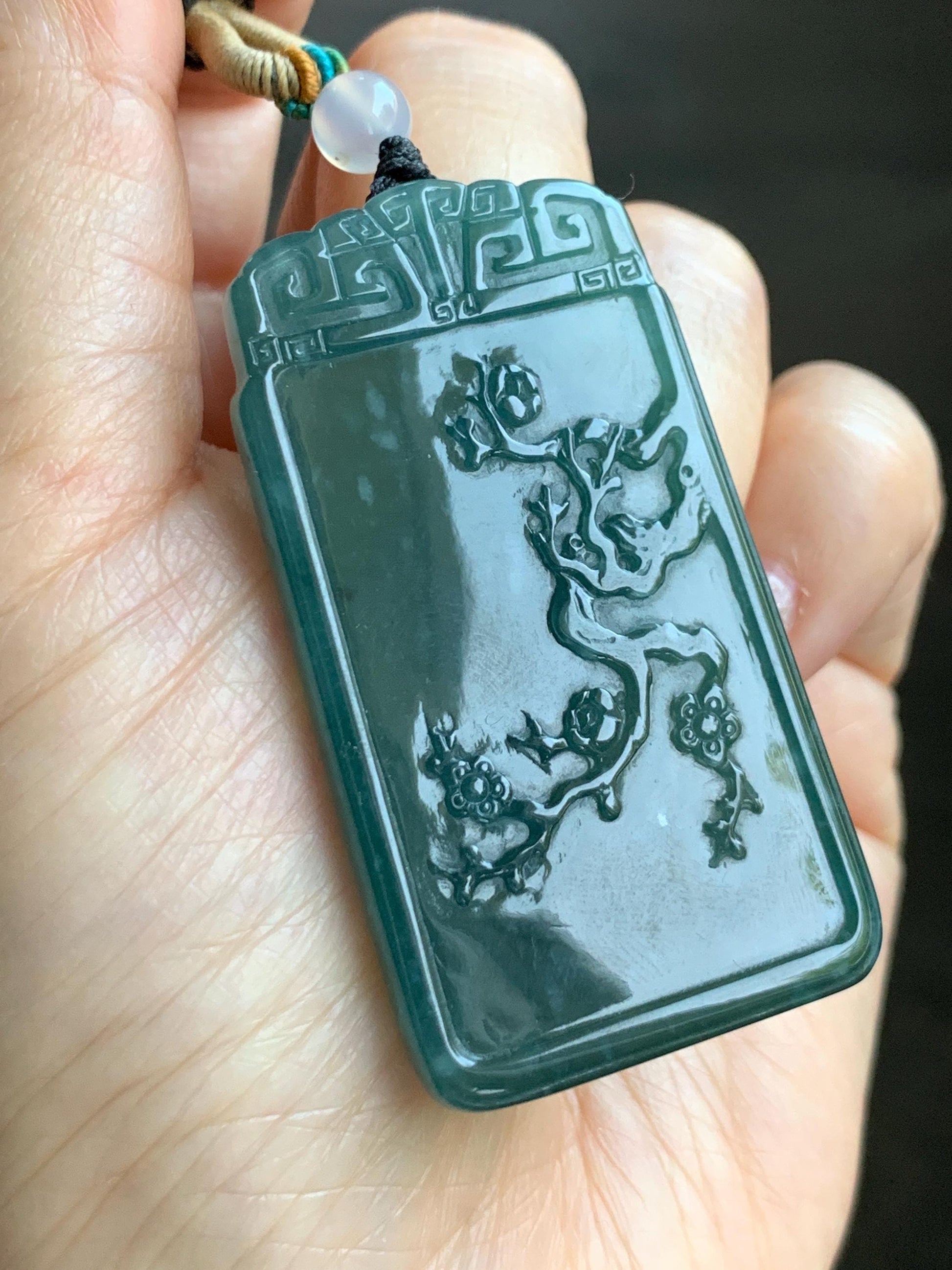 Certified Natural Grade A Guatemalan Icy Translucent Dark Teal Blue Jade Jadeite Cherry Blossom Pendant Rope Necklace 26” 天然冰危深蓝翡翠梅花牌吊坠 489