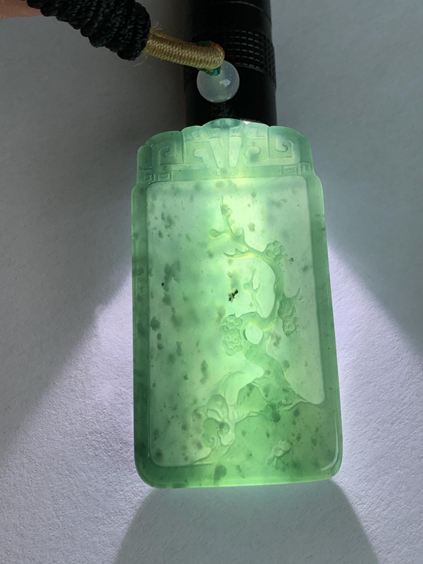 Certified Natural Grade A Guatemalan Icy Translucent Dark Teal Blue Jade Jadeite Cherry Blossom Pendant Rope Necklace 26” 天然冰危深蓝翡翠梅花牌吊坠 489