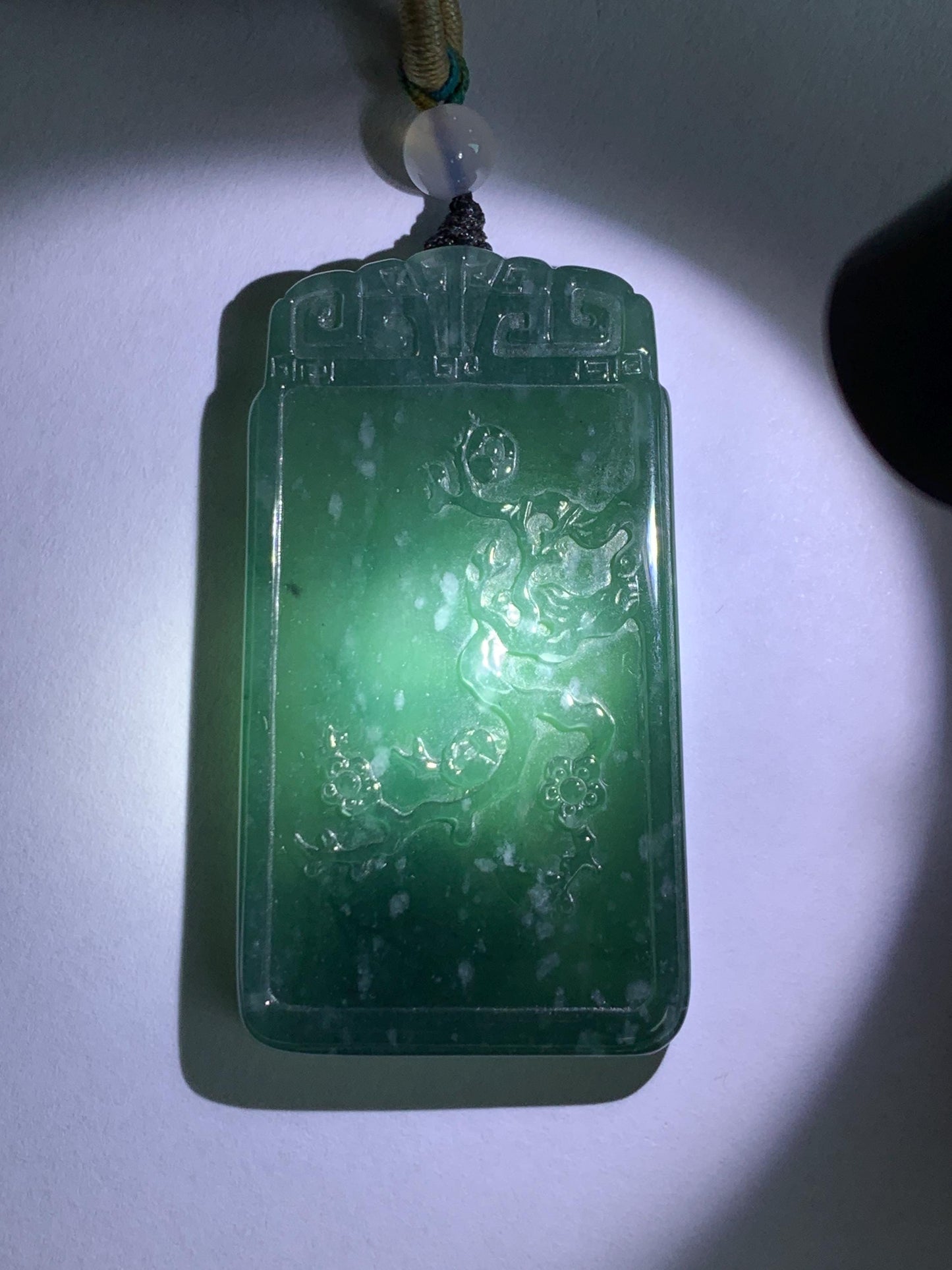 Certified Natural Grade A Guatemalan Icy Translucent Dark Teal Blue Jade Jadeite Cherry Blossom Pendant Rope Necklace 26” 天然冰危深蓝翡翠梅花牌吊坠 489