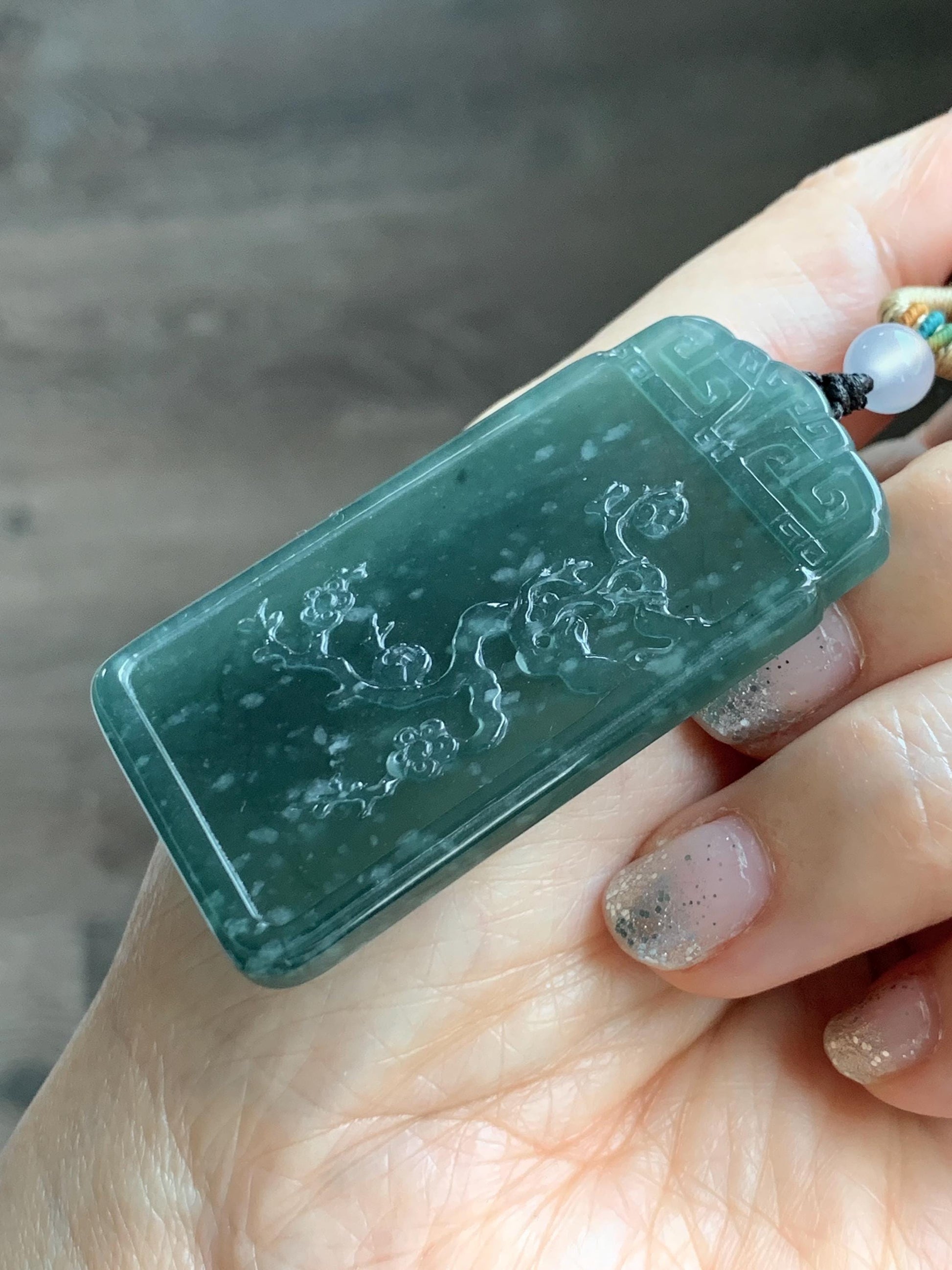 Certified Natural Grade A Guatemalan Icy Translucent Dark Teal Blue Jade Jadeite Cherry Blossom Pendant Rope Necklace 26” 天然冰危深蓝翡翠梅花牌吊坠 489