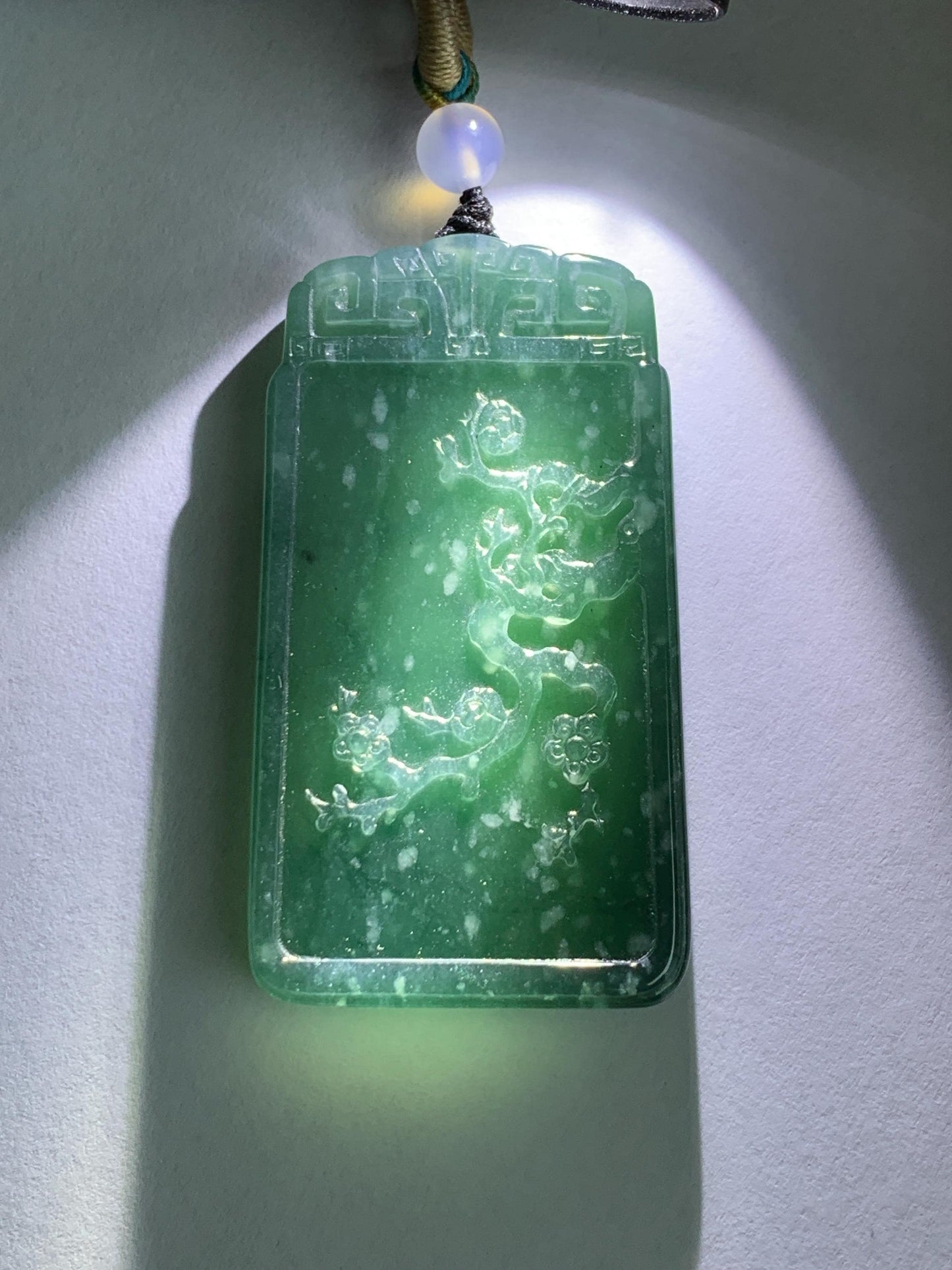 Certified Natural Grade A Guatemalan Icy Translucent Dark Teal Blue Jade Jadeite Cherry Blossom Pendant Rope Necklace 26” 天然冰危深蓝翡翠梅花牌吊坠 489