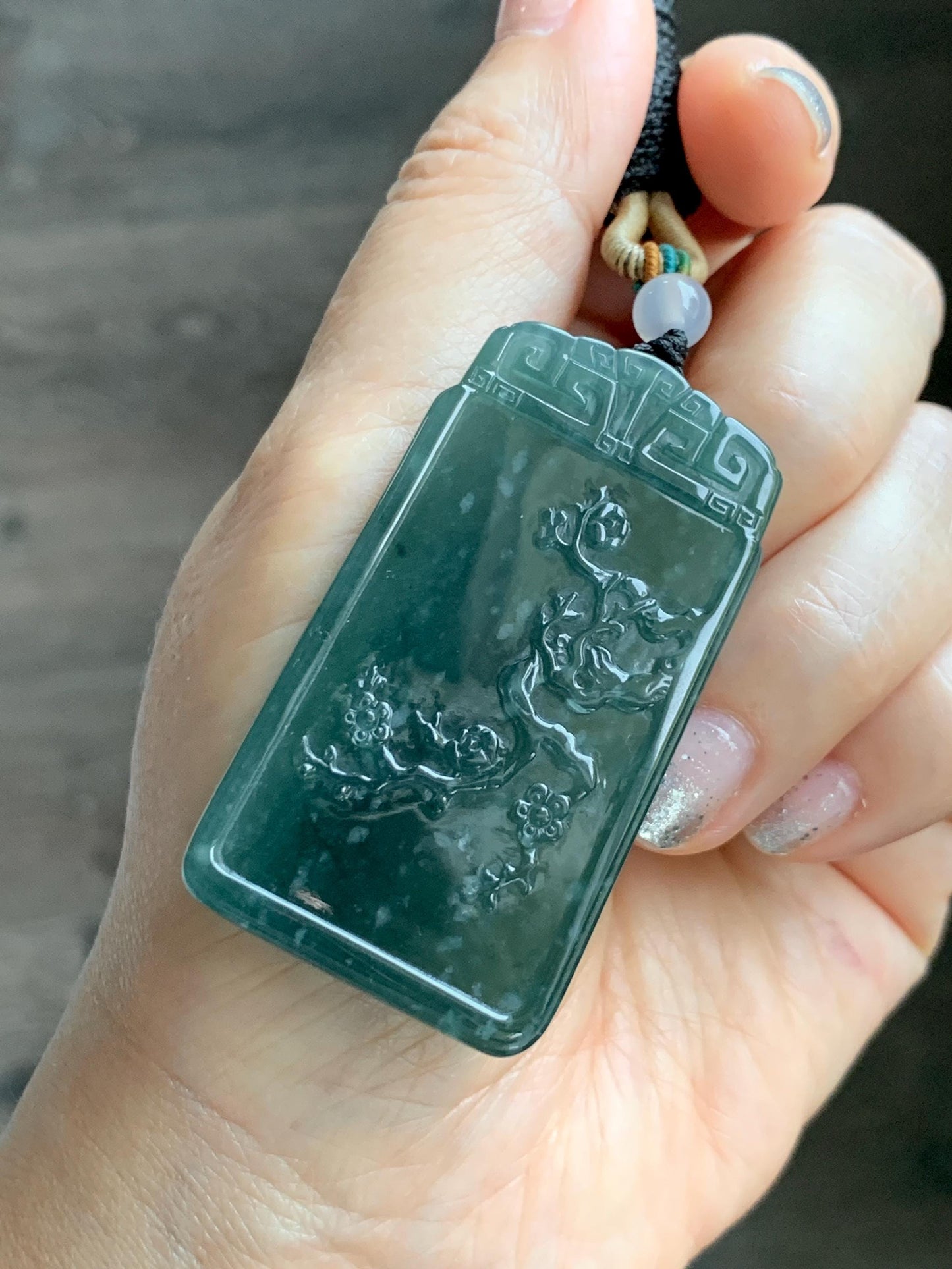 Certified Natural Grade A Guatemalan Icy Translucent Dark Teal Blue Jade Jadeite Cherry Blossom Pendant Rope Necklace 26” 天然冰危深蓝翡翠梅花牌吊坠 489