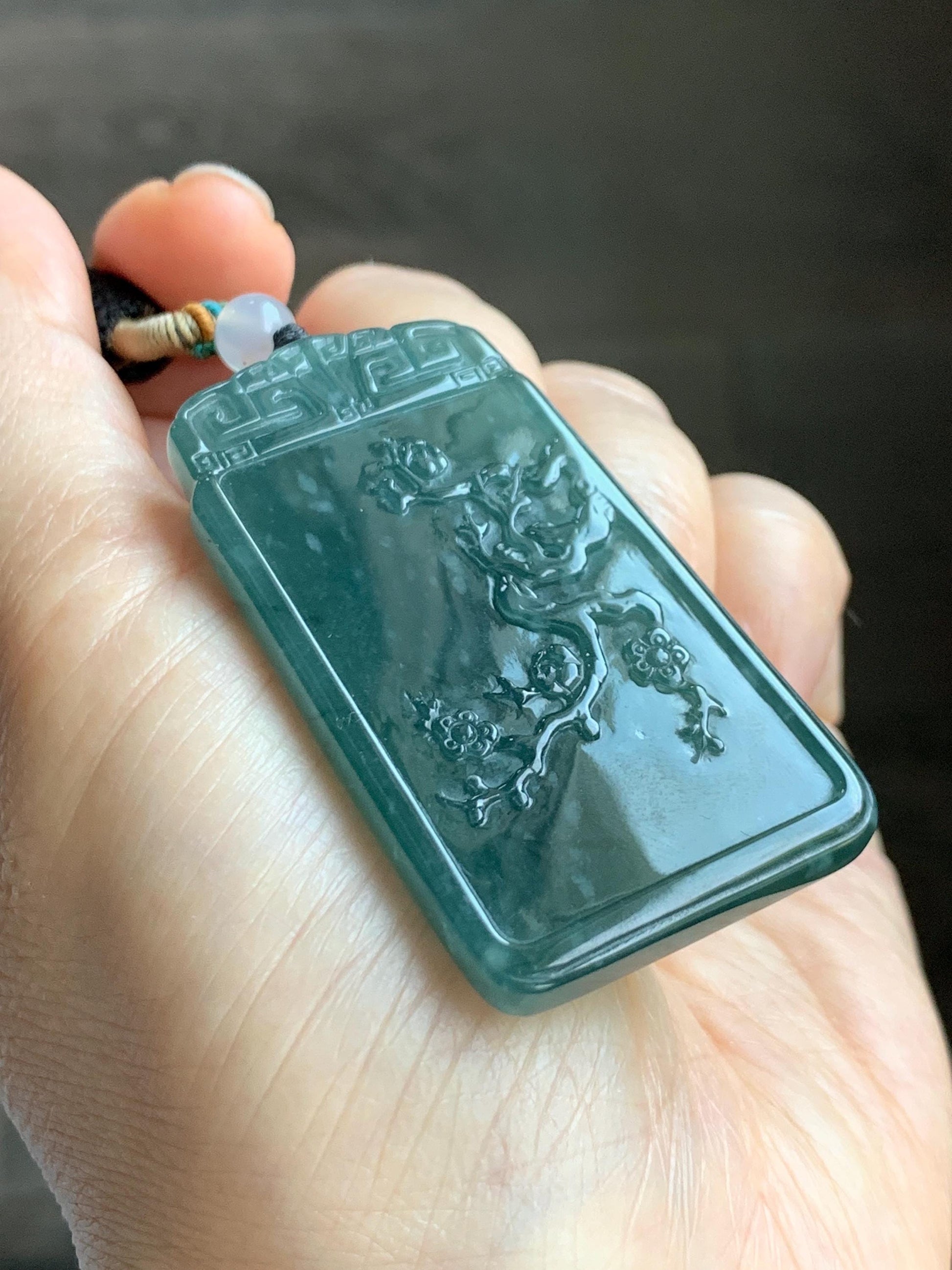 Certified Natural Grade A Guatemalan Icy Translucent Dark Teal Blue Jade Jadeite Cherry Blossom Pendant Rope Necklace 26” 天然冰危深蓝翡翠梅花牌吊坠 489