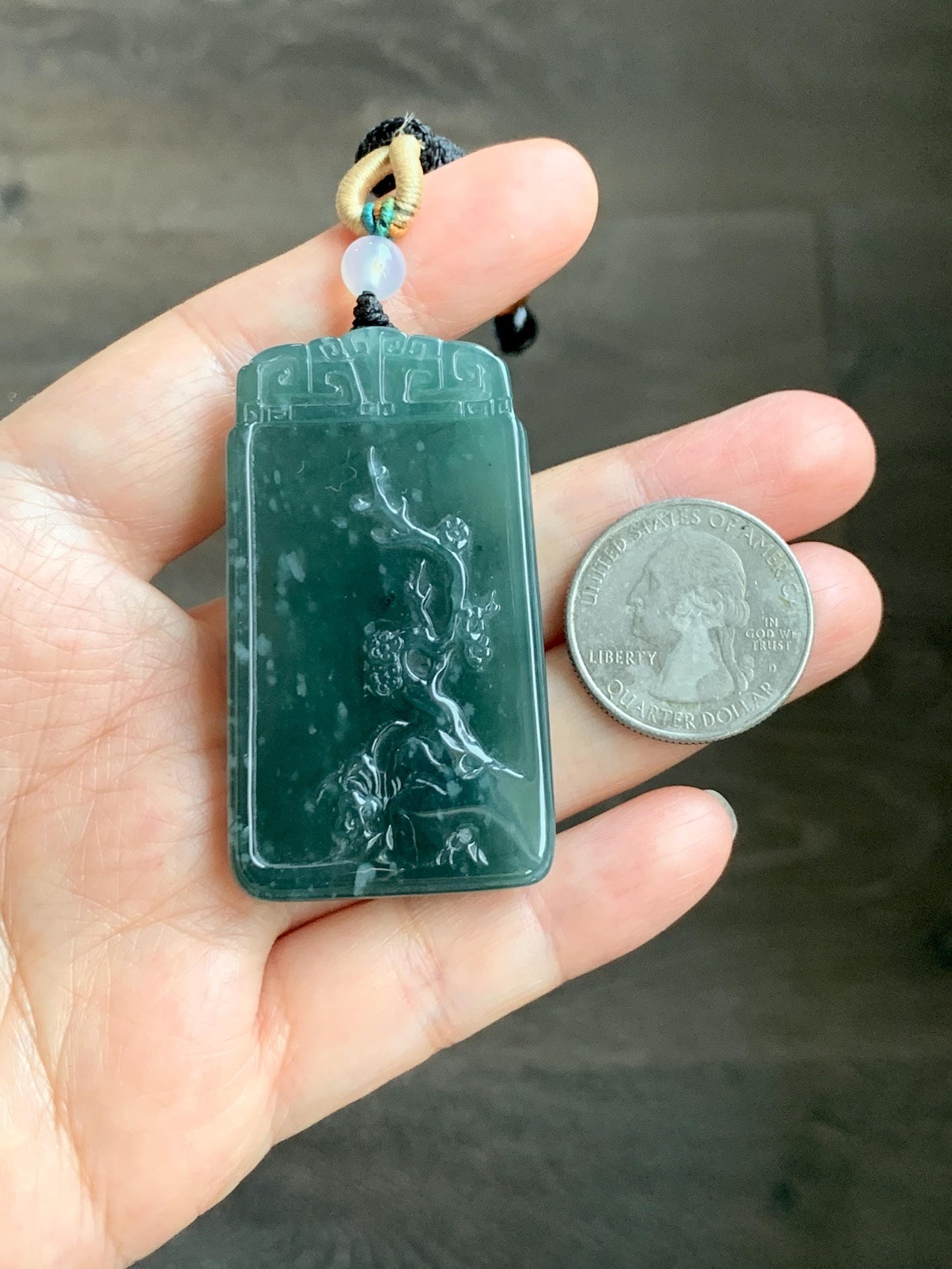 Certified Natural Grade A Guatemalan Icy Translucent Dark Teal Blue Jade Jadeite Cherry Blossom Pendant Rope Necklace 26” 天然冰危深蓝翡翠梅花牌吊坠 489