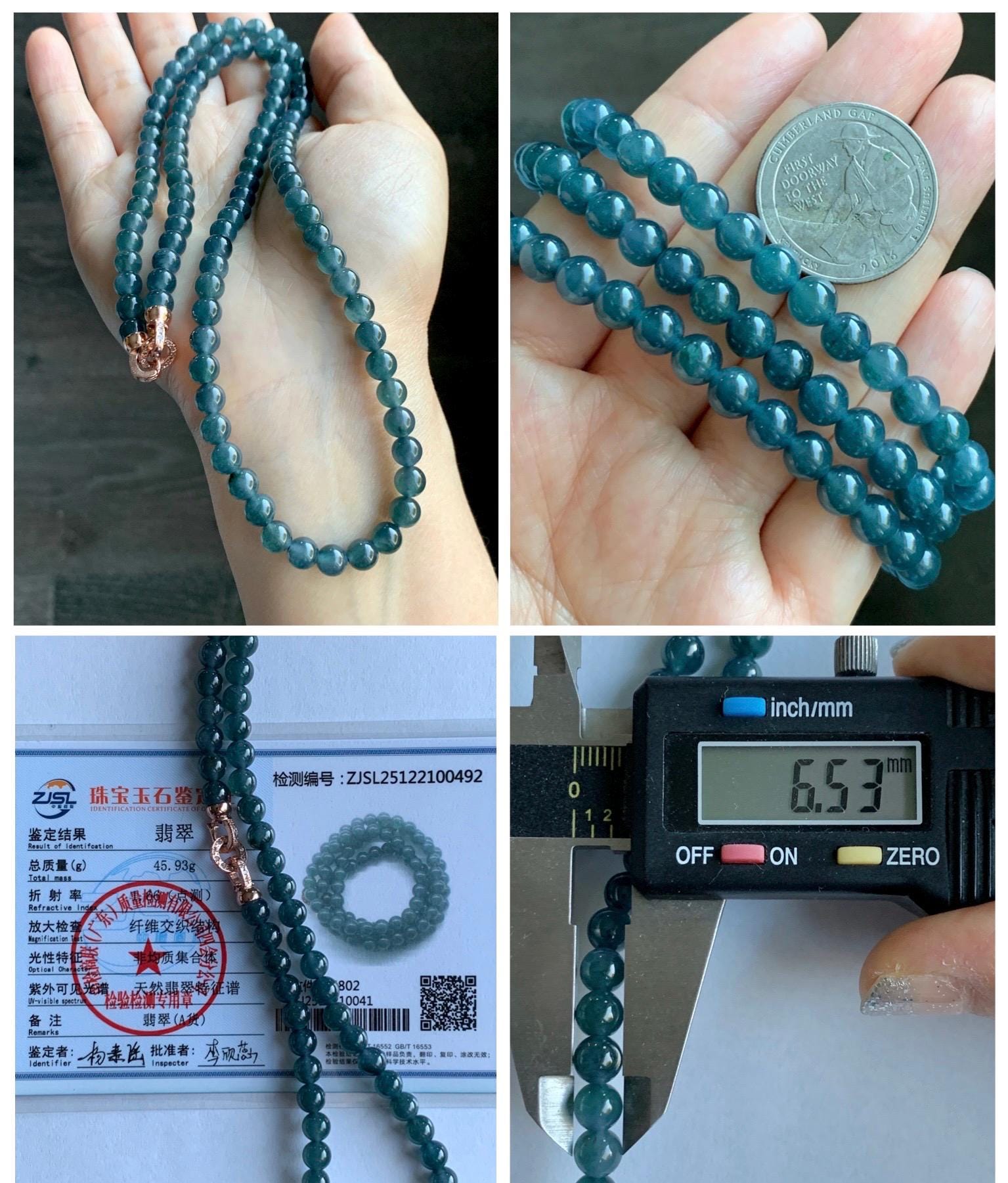 Certified Natural Grade A Guatemalan Icy Highly Translucent Dark Aegean Blue Jade Jadeite Beaded Necklace 5.2mm 24” 46g 天然冰胶危牛仔蓝翡翠圆珠项链 492