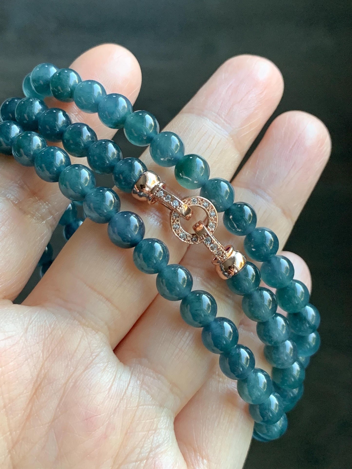 Certified Natural Grade A Guatemalan Icy Highly Translucent Dark Aegean Blue Jade Jadeite Beaded Necklace 5.2mm 24” 46g 天然冰胶危牛仔蓝翡翠圆珠项链 492
