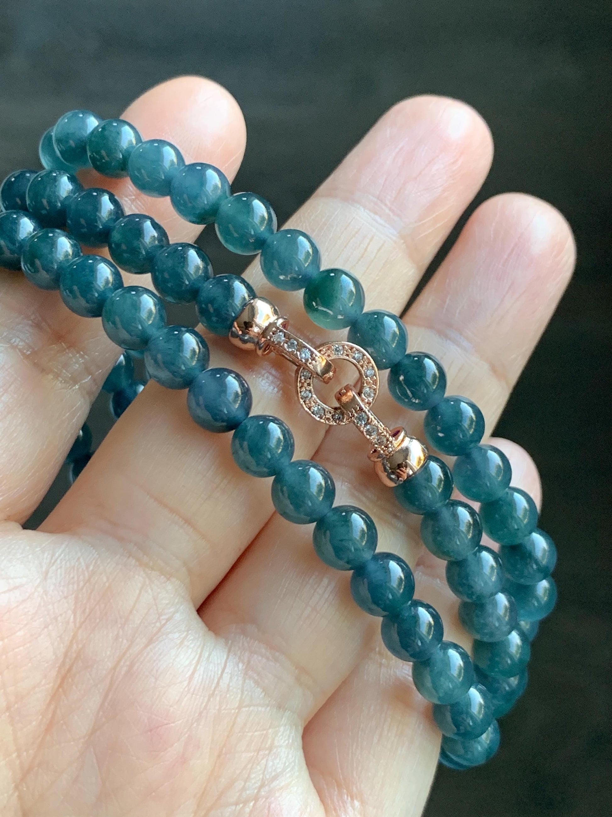 Certified Natural Grade A Guatemalan Icy Highly Translucent Dark Aegean Blue Jade Jadeite Beaded Necklace 5.2mm 24” 46g 天然冰胶危牛仔蓝翡翠圆珠项链 492