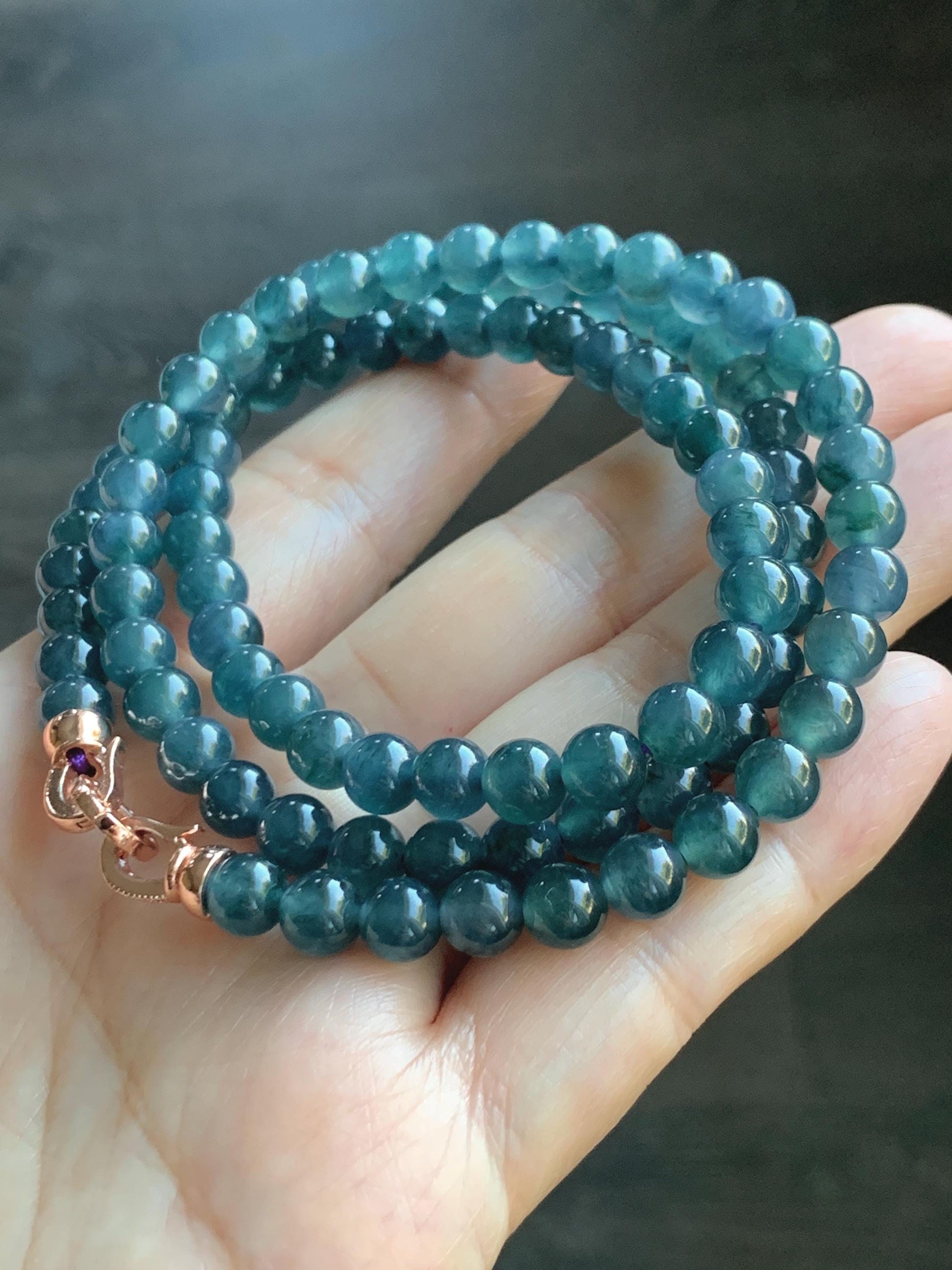 Certified Natural Grade A Guatemalan Icy Highly Translucent Dark Aegean Blue Jade Jadeite Beaded Necklace 5.2mm 24” 46g 天然冰胶危牛仔蓝翡翠圆珠项链 492