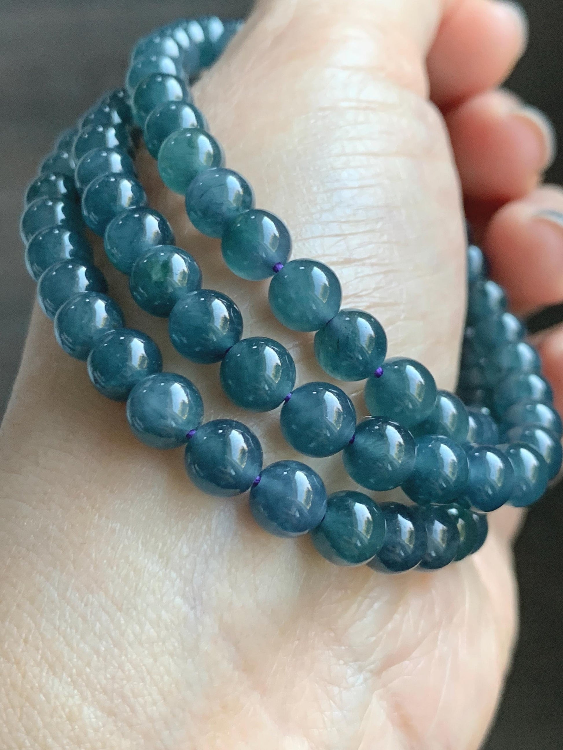 Certified Natural Grade A Guatemalan Icy Highly Translucent Dark Aegean Blue Jade Jadeite Beaded Necklace 5.2mm 24” 46g 天然冰胶危牛仔蓝翡翠圆珠项链 492
