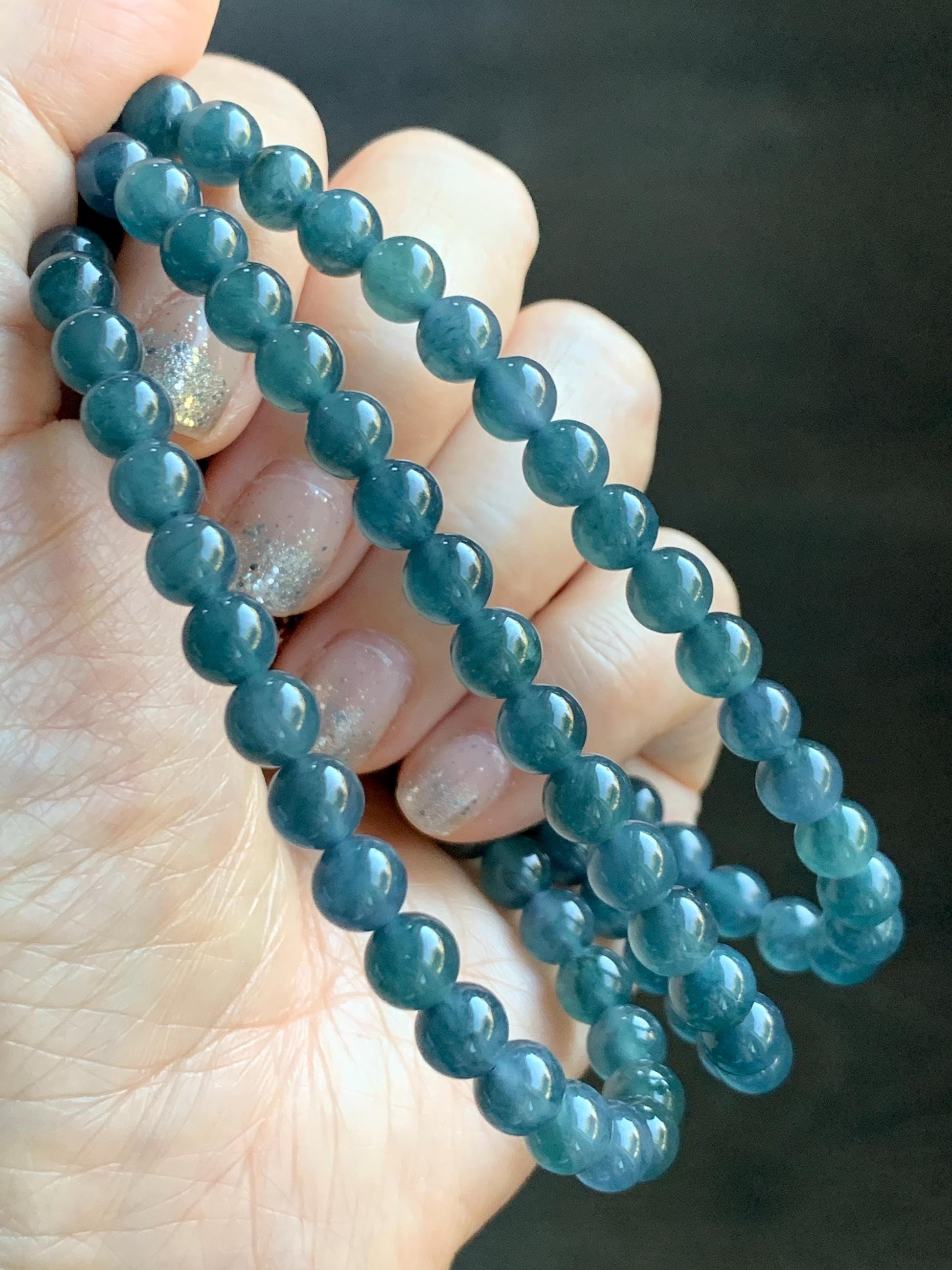 Certified Natural Grade A Guatemalan Icy Highly Translucent Dark Aegean Blue Jade Jadeite Beaded Necklace 5.2mm 24” 46g 天然冰胶危牛仔蓝翡翠圆珠项链 492