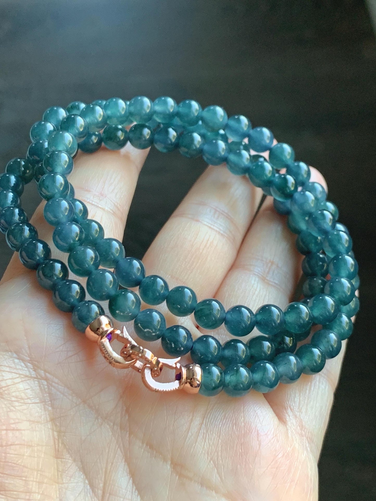 Certified Natural Grade A Guatemalan Icy Highly Translucent Dark Aegean Blue Jade Jadeite Beaded Necklace 5.2mm 24” 46g 天然冰胶危牛仔蓝翡翠圆珠项链 492