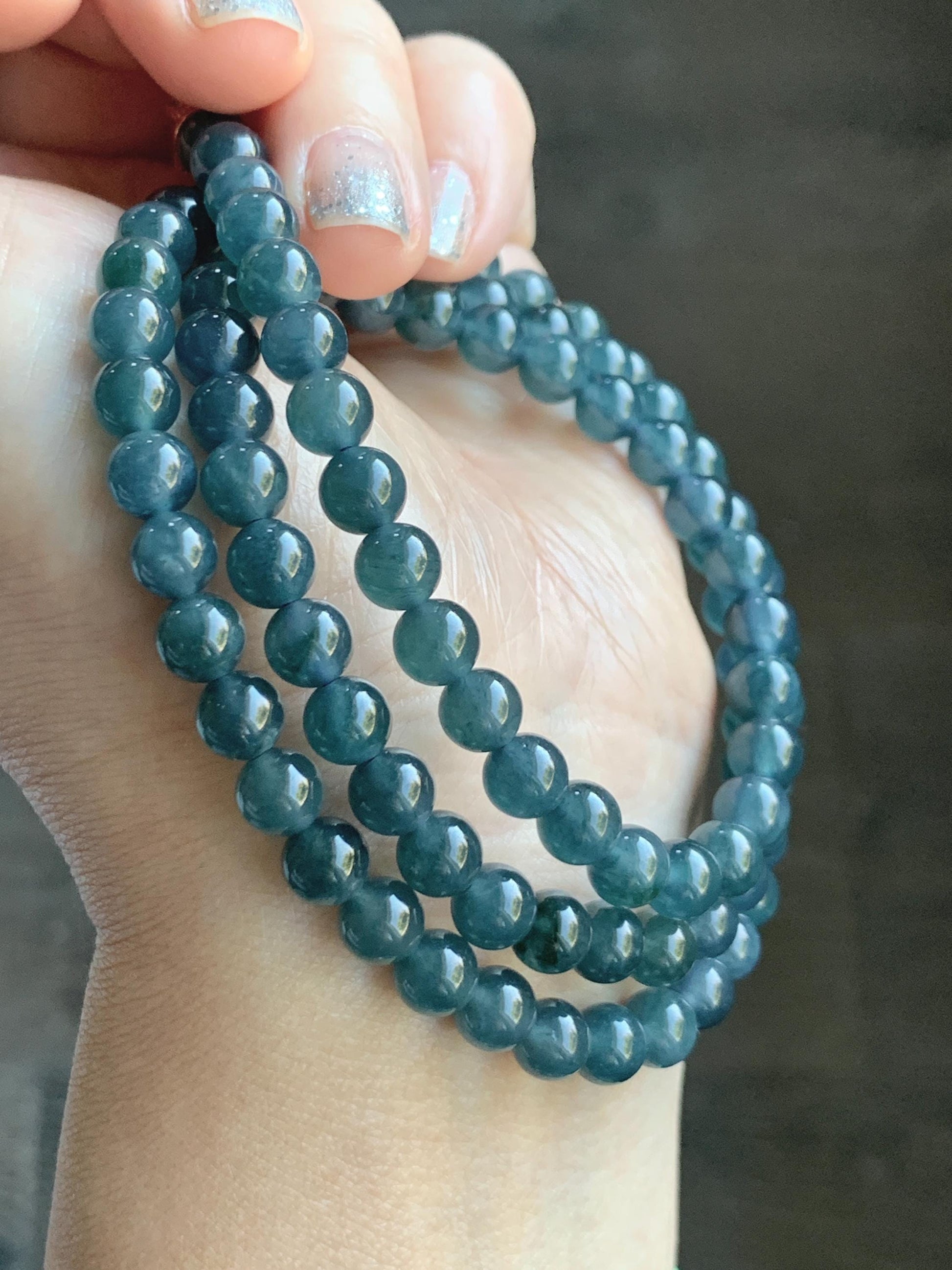 Certified Natural Grade A Guatemalan Icy Highly Translucent Dark Aegean Blue Jade Jadeite Beaded Necklace 5.2mm 24” 46g 天然冰胶危牛仔蓝翡翠圆珠项链 492