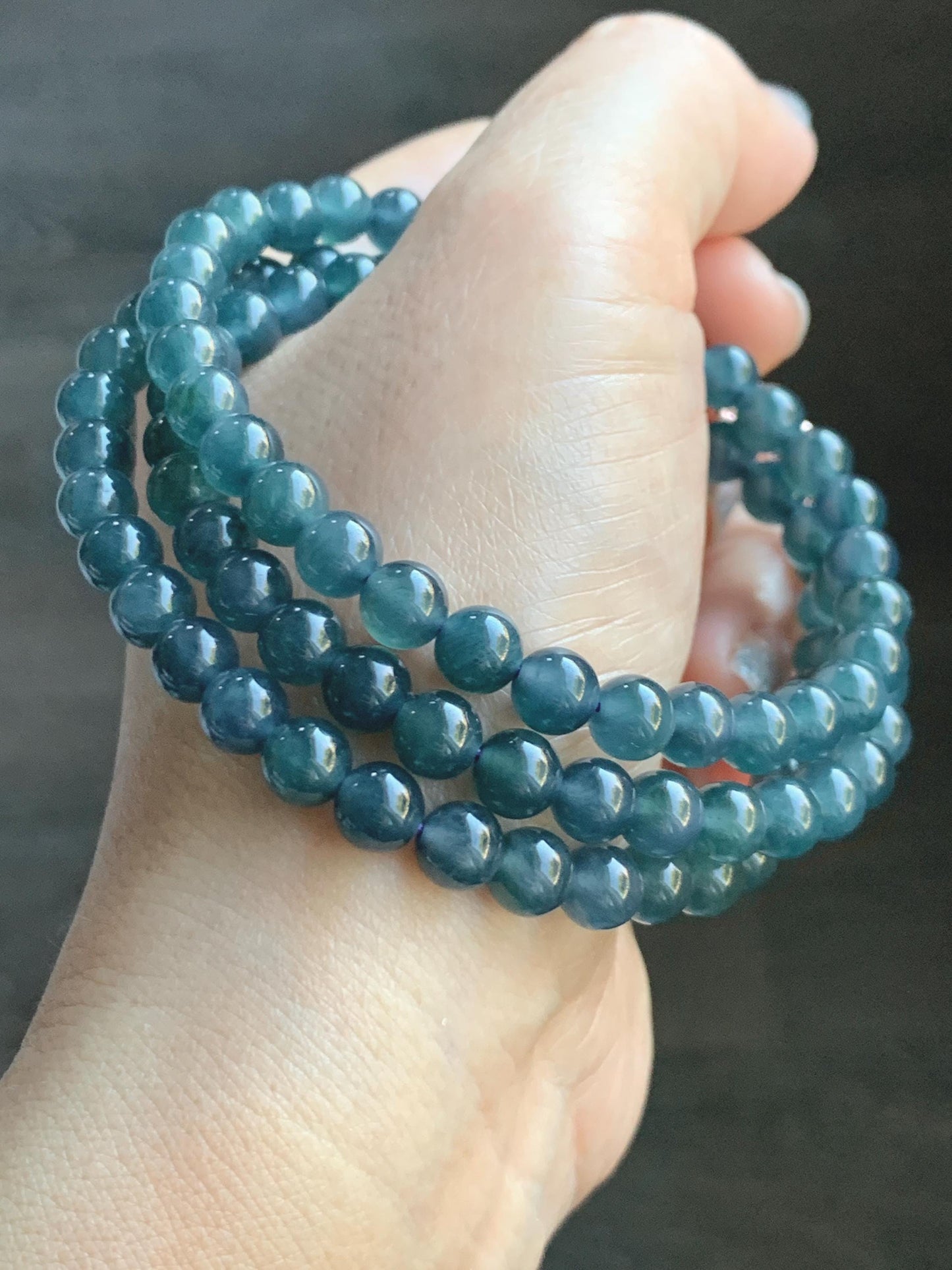 Certified Natural Grade A Guatemalan Icy Highly Translucent Dark Aegean Blue Jade Jadeite Beaded Necklace 5.2mm 24” 46g 天然冰胶危牛仔蓝翡翠圆珠项链 492