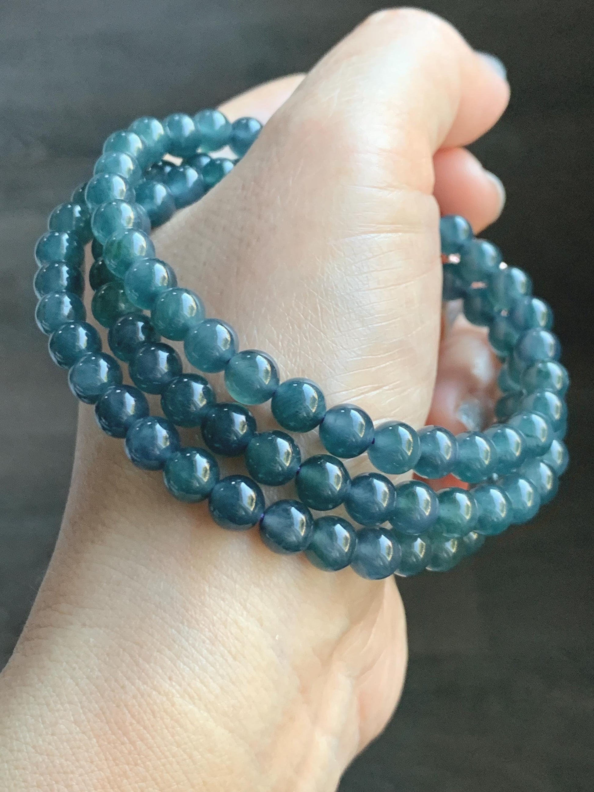 Certified Natural Grade A Guatemalan Icy Highly Translucent Dark Aegean Blue Jade Jadeite Beaded Necklace 5.2mm 24” 46g 天然冰胶危牛仔蓝翡翠圆珠项链 492