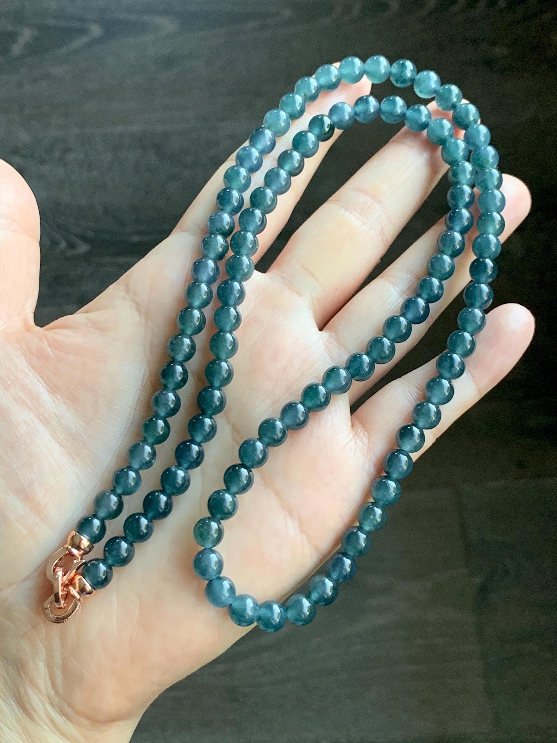 Certified Natural Grade A Guatemalan Icy Highly Translucent Dark Aegean Blue Jade Jadeite Beaded Necklace 5.2mm 24” 46g 天然冰胶危牛仔蓝翡翠圆珠项链 492