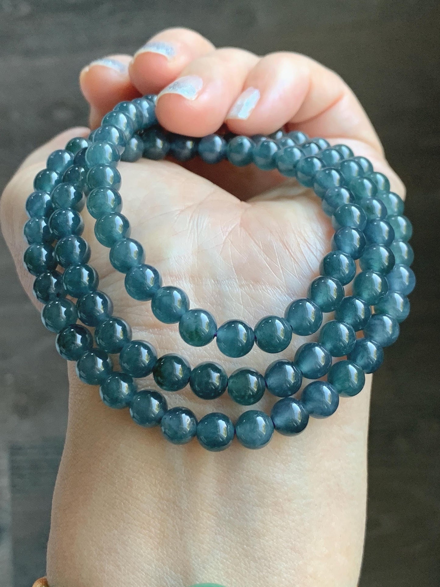 Certified Natural Grade A Guatemalan Icy Highly Translucent Dark Aegean Blue Jade Jadeite Beaded Necklace 5.2mm 24” 46g 天然冰胶危牛仔蓝翡翠圆珠项链 492