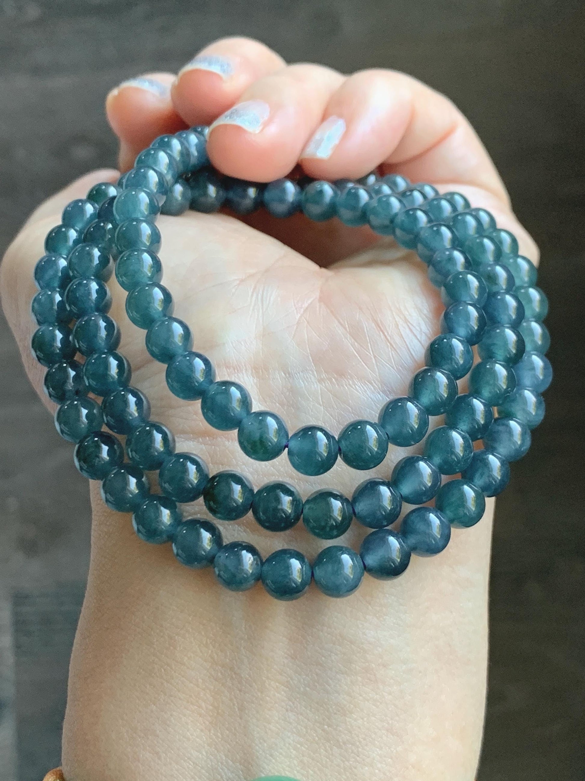 Certified Natural Grade A Guatemalan Icy Highly Translucent Dark Aegean Blue Jade Jadeite Beaded Necklace 5.2mm 24” 46g 天然冰胶危牛仔蓝翡翠圆珠项链 492