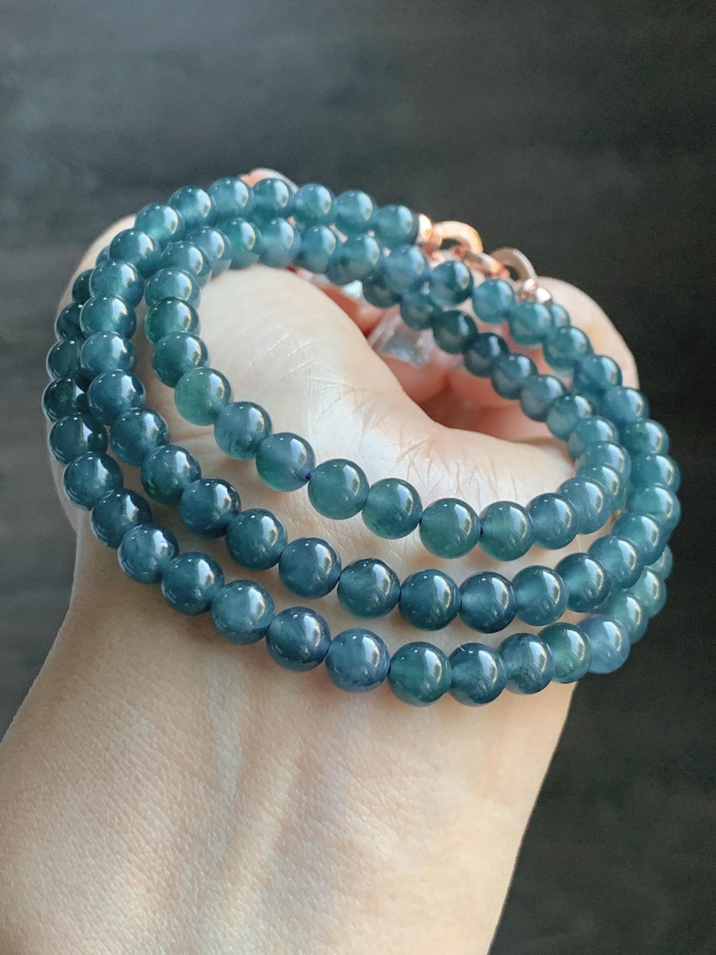 Certified Natural Grade A Guatemalan Icy Highly Translucent Dark Aegean Blue Jade Jadeite Beaded Necklace 5.2mm 24” 46g 天然冰胶危牛仔蓝翡翠圆珠项链 492