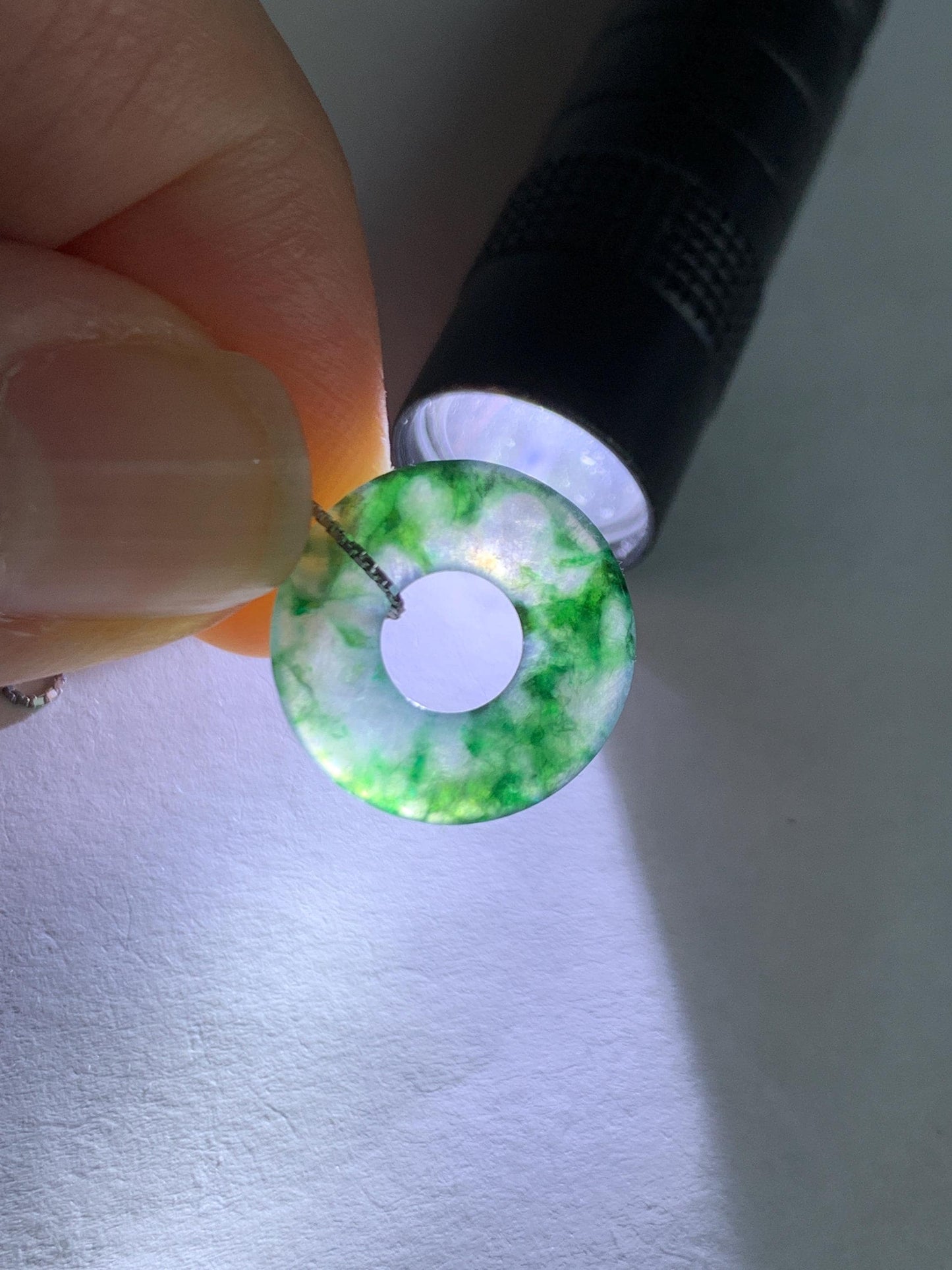 Natural Grade A Icy Translucent Green Marbled Jade Jadeite Ping An Kou Donut Pendant Sterling Silver Necklace 16” 天然老种冰飘绿花翡翠平安扣吊坠项链 MPH528A