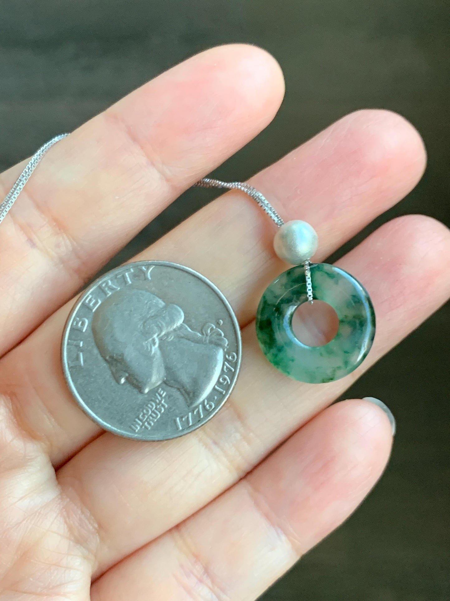 Natural Grade A Icy Translucent Green Marbled Jade Jadeite Ping An Kou Donut Pendant Sterling Silver Necklace 16” 天然老种冰飘绿花翡翠平安扣吊坠项链 MPH528A