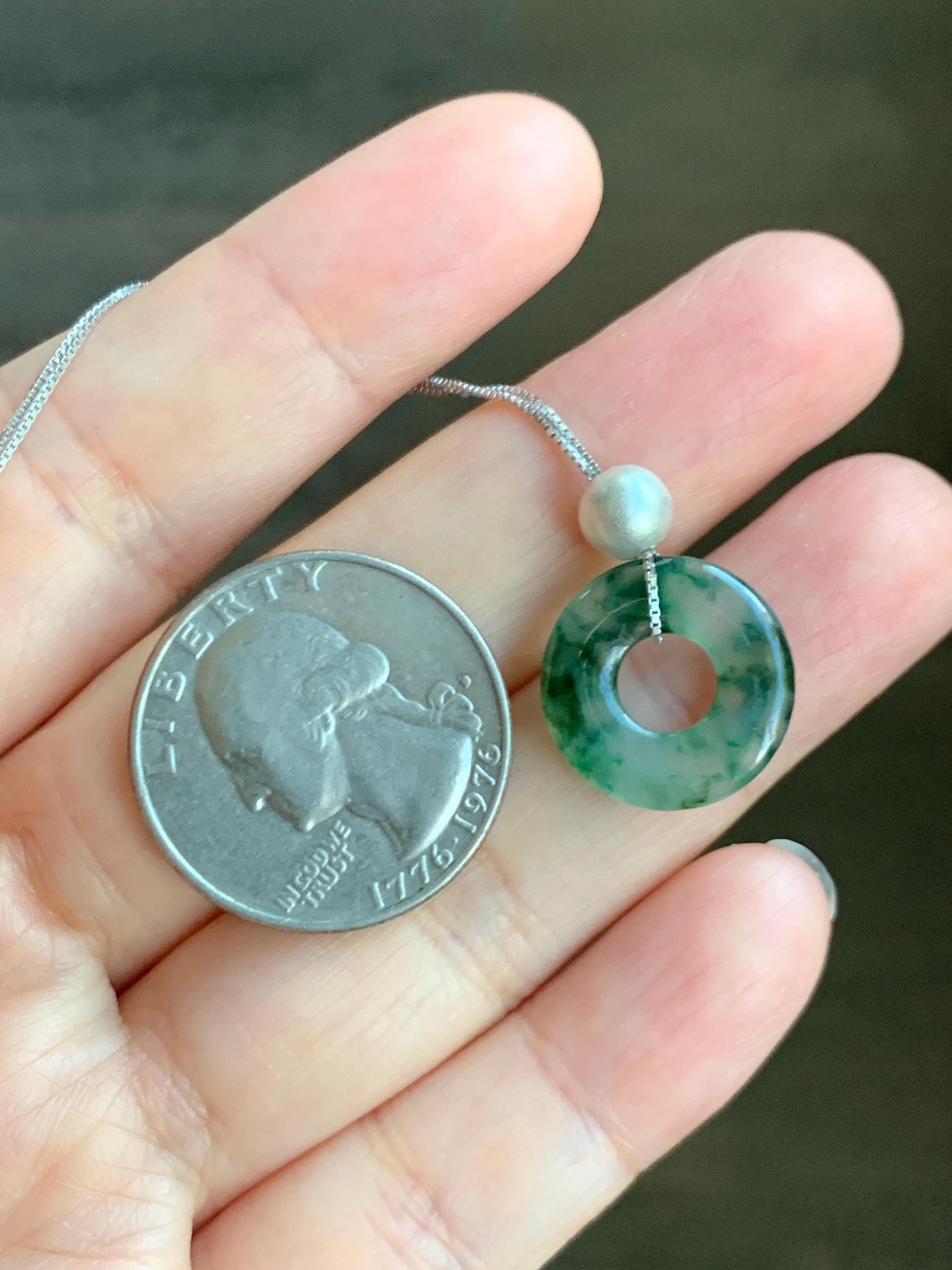 Natural Grade A Icy Translucent Green Marbled Jade Jadeite Ping An Kou Donut Pendant Sterling Silver Necklace 16” 天然老种冰飘绿花翡翠平安扣吊坠项链 MPH528A
