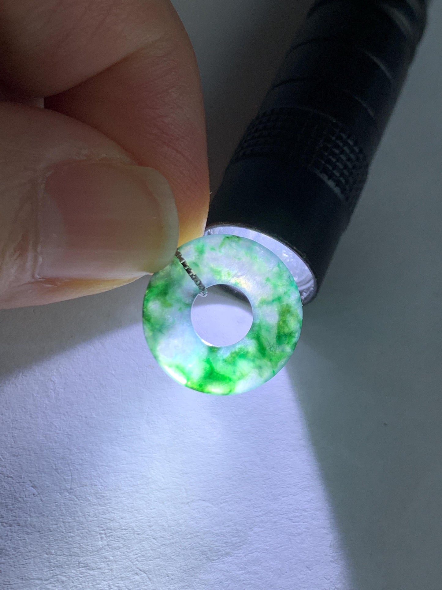 Natural Grade A Icy Translucent Green Marbled Jade Jadeite Ping An Kou Donut Pendant Sterling Silver Necklace 16” 天然老种冰飘绿花翡翠平安扣吊坠项链 MPH528A