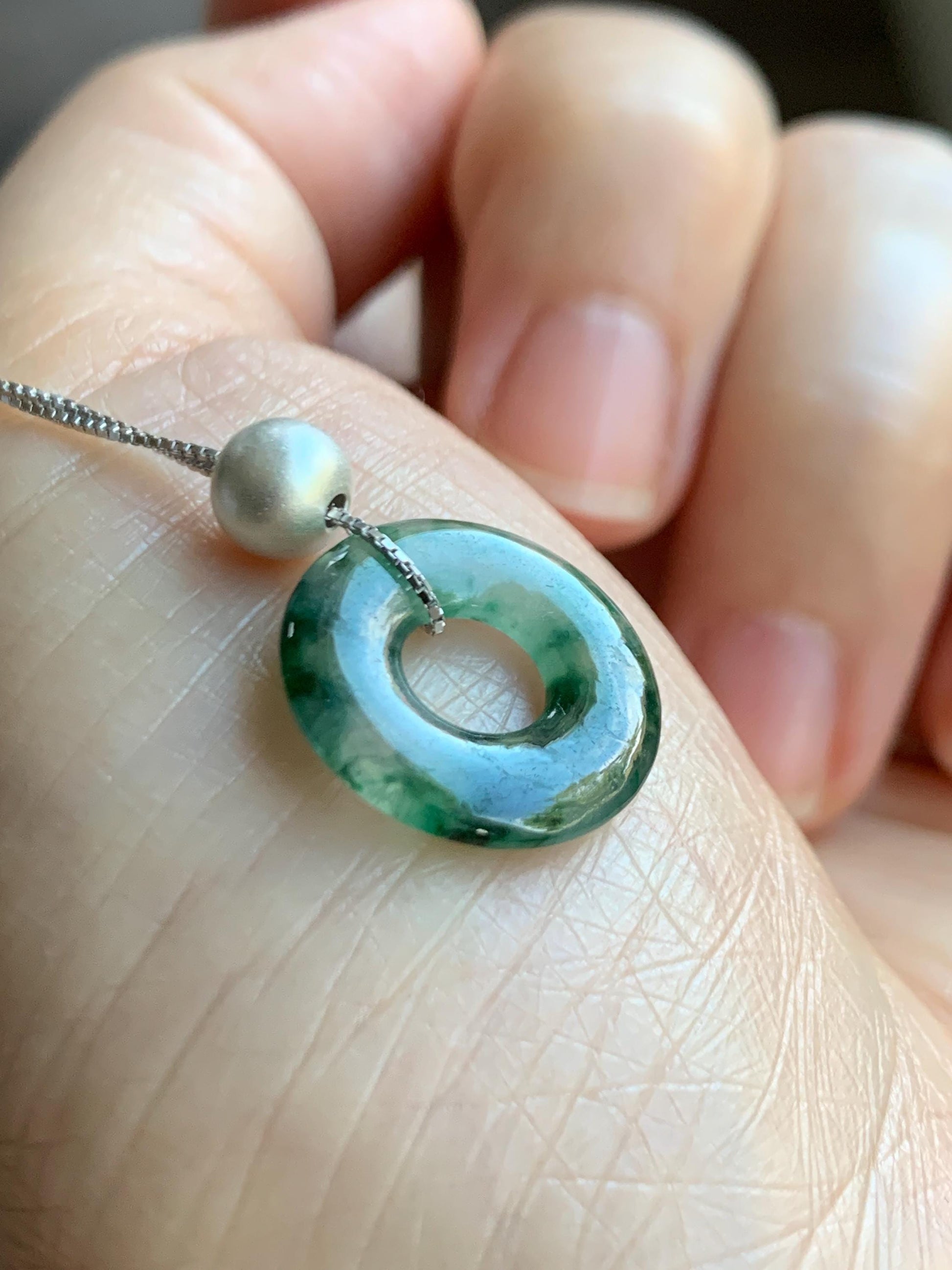 Natural Grade A Icy Translucent Green Marbled Jade Jadeite Ping An Kou Donut Pendant Sterling Silver Necklace 16” 天然老种冰飘绿花翡翠平安扣吊坠项链 MPH528A