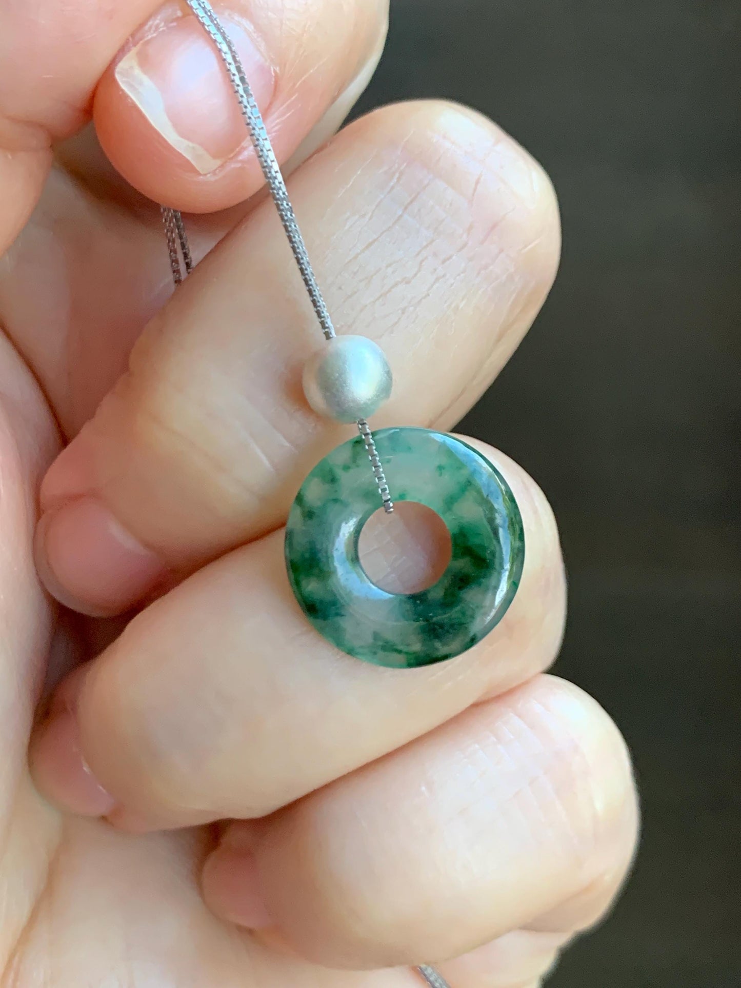 Natural Grade A Icy Translucent Green Marbled Jade Jadeite Ping An Kou Donut Pendant Sterling Silver Necklace 16” 天然老种冰飘绿花翡翠平安扣吊坠项链 MPH528A