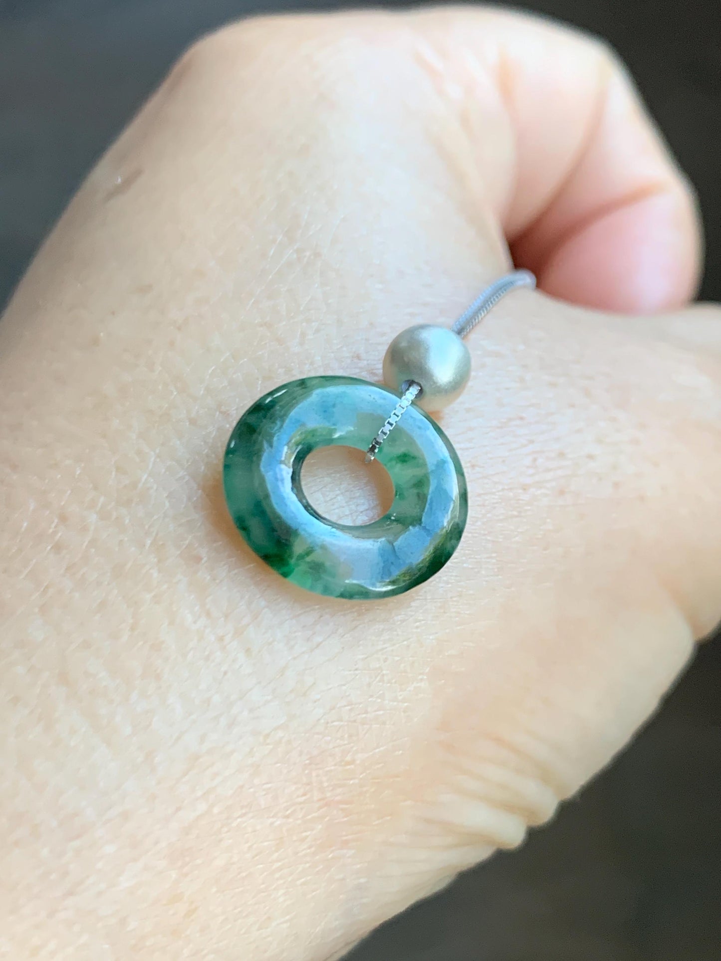 Natural Grade A Icy Translucent Green Marbled Jade Jadeite Ping An Kou Donut Pendant Sterling Silver Necklace 16” 天然老种冰飘绿花翡翠平安扣吊坠项链 MPH528A