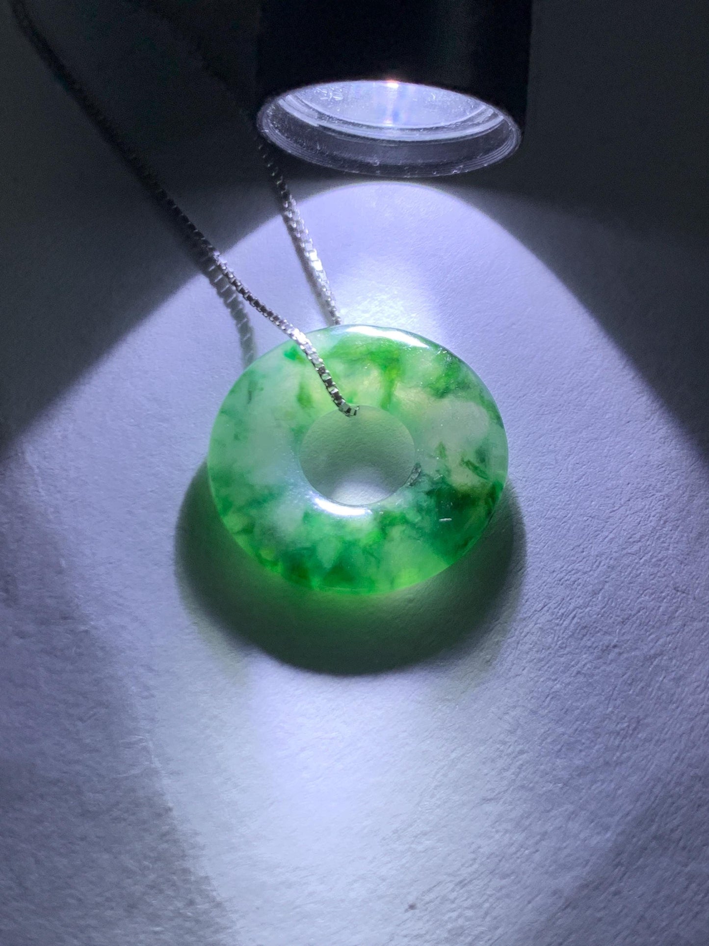 Natural Grade A Icy Translucent Green Marbled Jade Jadeite Ping An Kou Donut Pendant Sterling Silver Necklace 16” 天然老种冰飘绿花翡翠平安扣吊坠项链 MPH528A
