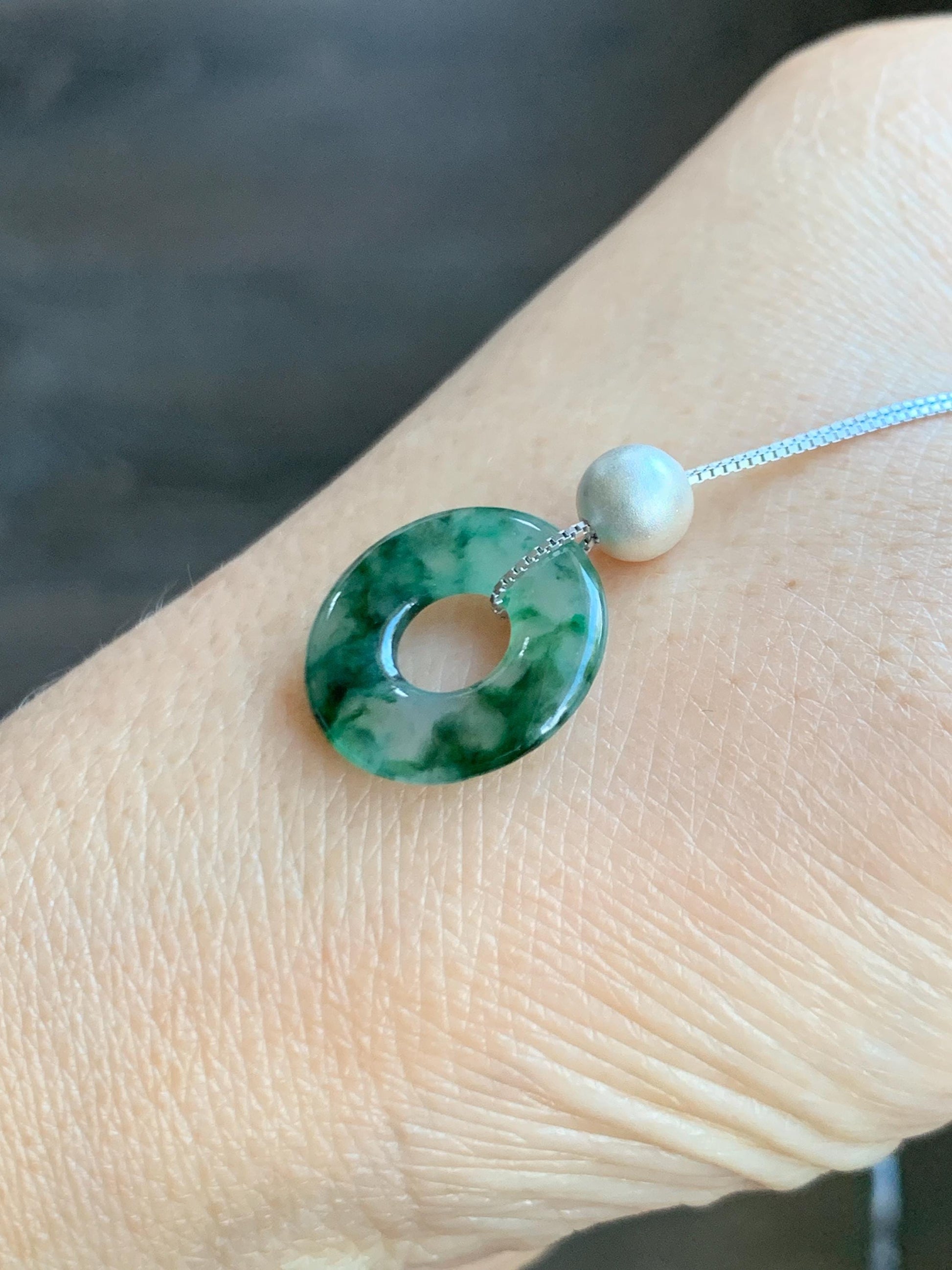 Natural Grade A Icy Translucent Green Marbled Jade Jadeite Ping An Kou Donut Pendant Sterling Silver Necklace 16” 天然老种冰飘绿花翡翠平安扣吊坠项链 MPH528A