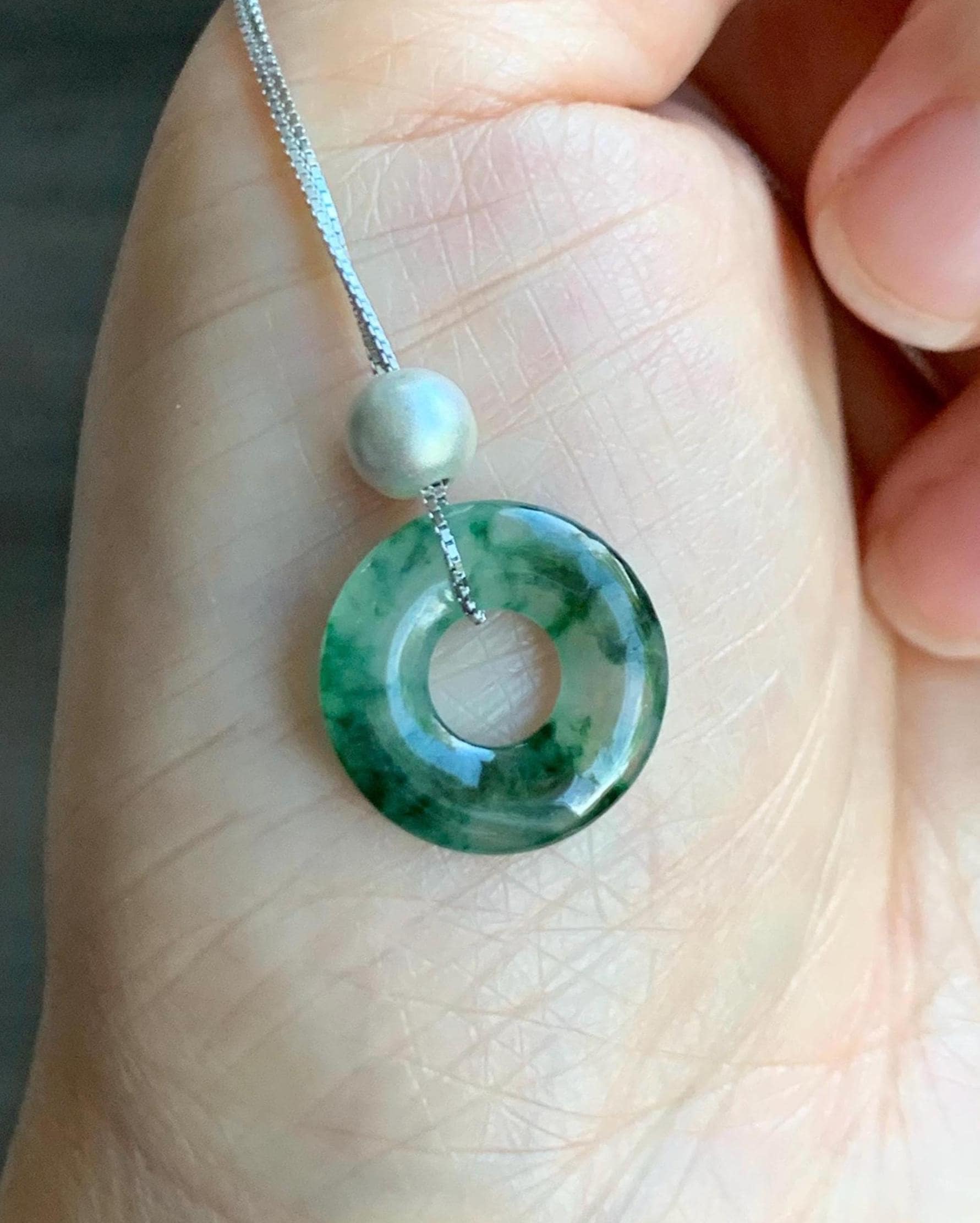 Natural Grade A Icy Translucent Green Marbled Jade Jadeite Ping An Kou Donut Pendant Sterling Silver Necklace 16” 天然老种冰飘绿花翡翠平安扣吊坠项链 MPH528A