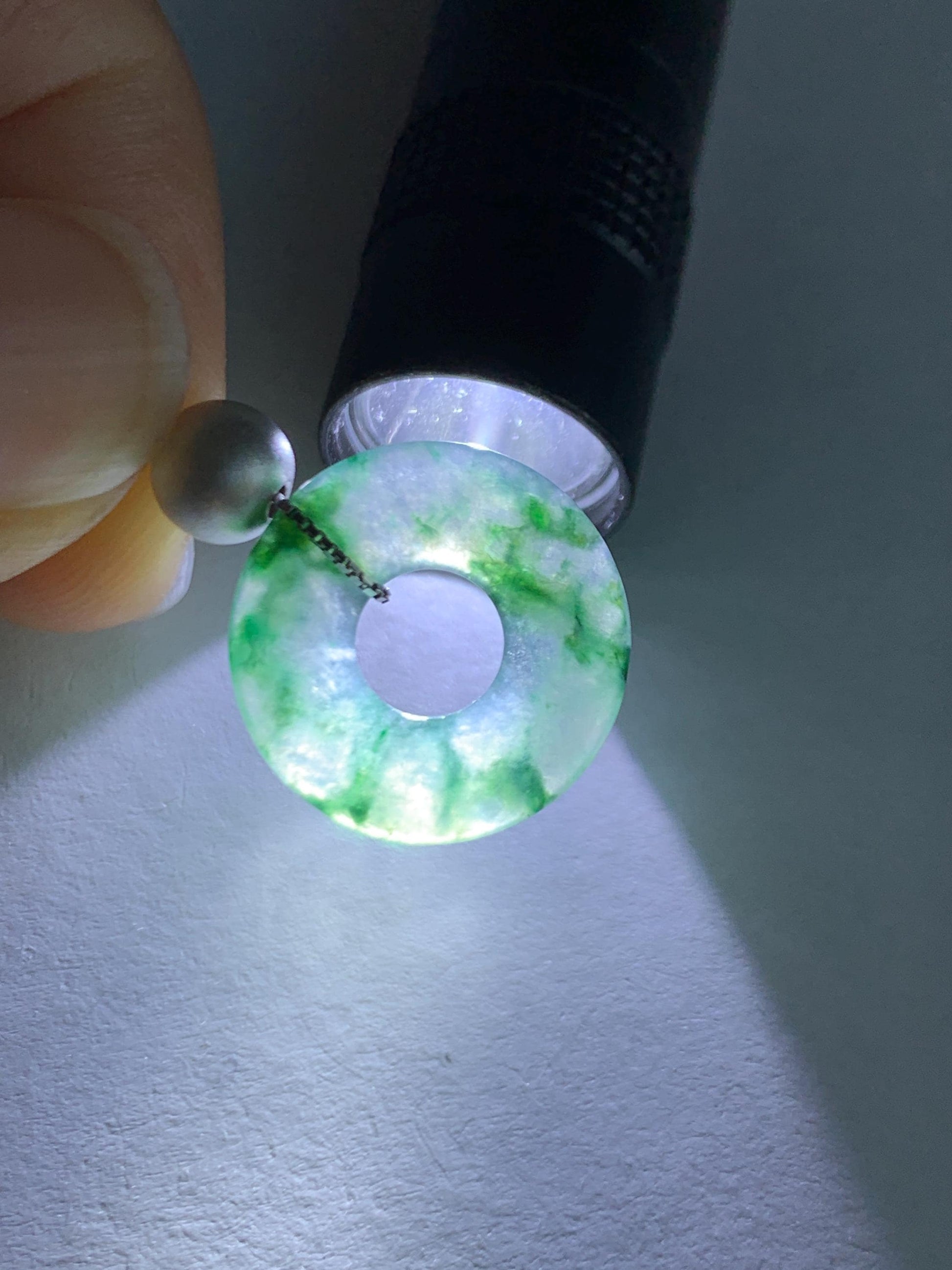 Natural Grade A Icy Translucent Green Marbled Jade Jadeite Ping An Kou Donut Pendant Sterling Silver Necklace 16” 天然老种冰飘绿花翡翠平安扣吊坠项链 MPH528B