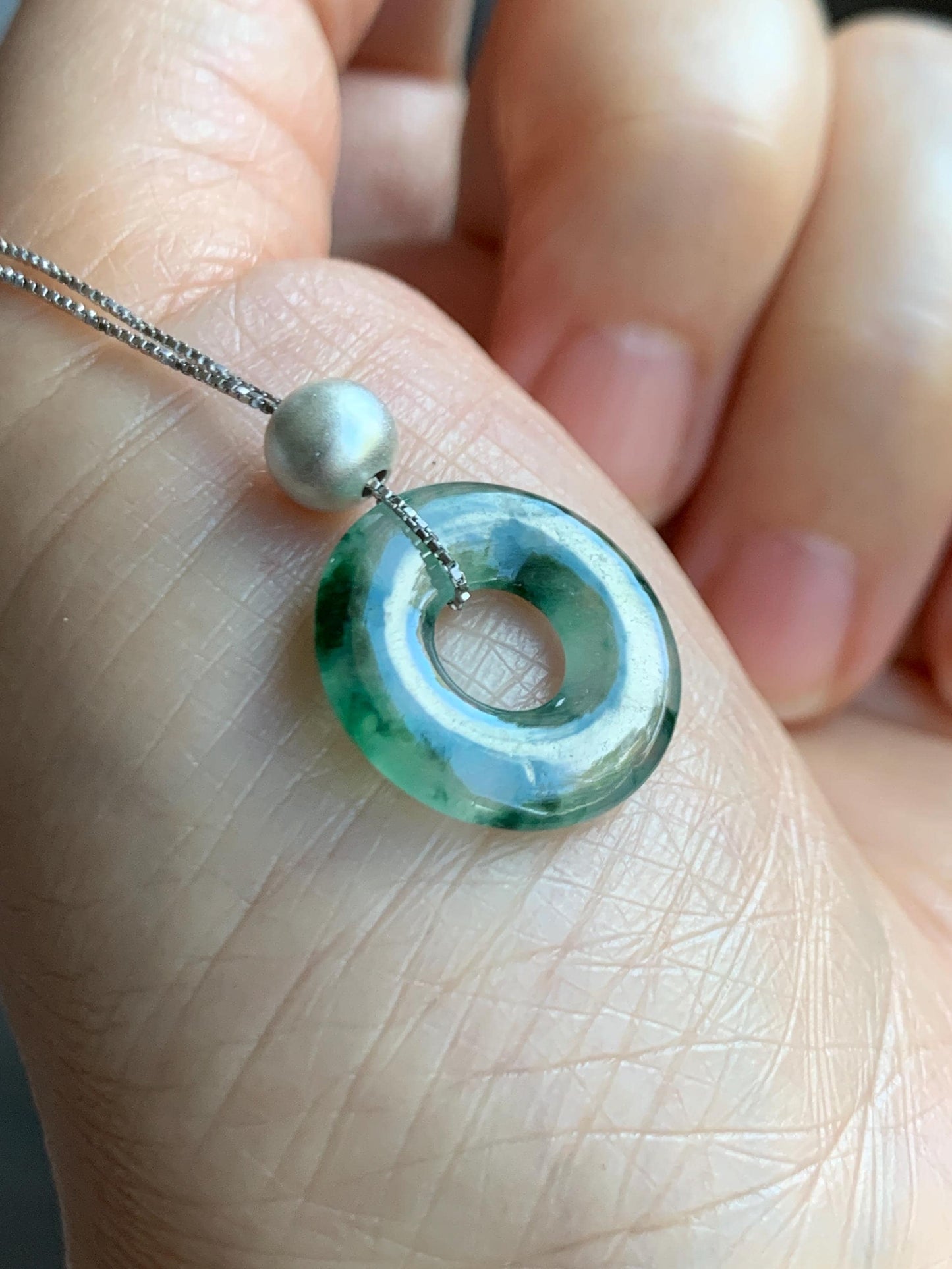 Natural Grade A Icy Translucent Green Marbled Jade Jadeite Ping An Kou Donut Pendant Sterling Silver Necklace 16” 天然老种冰飘绿花翡翠平安扣吊坠项链 MPH528B
