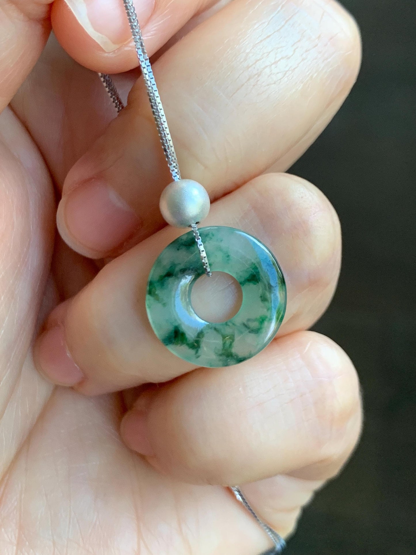Natural Grade A Icy Translucent Green Marbled Jade Jadeite Ping An Kou Donut Pendant Sterling Silver Necklace 16” 天然老种冰飘绿花翡翠平安扣吊坠项链 MPH528B