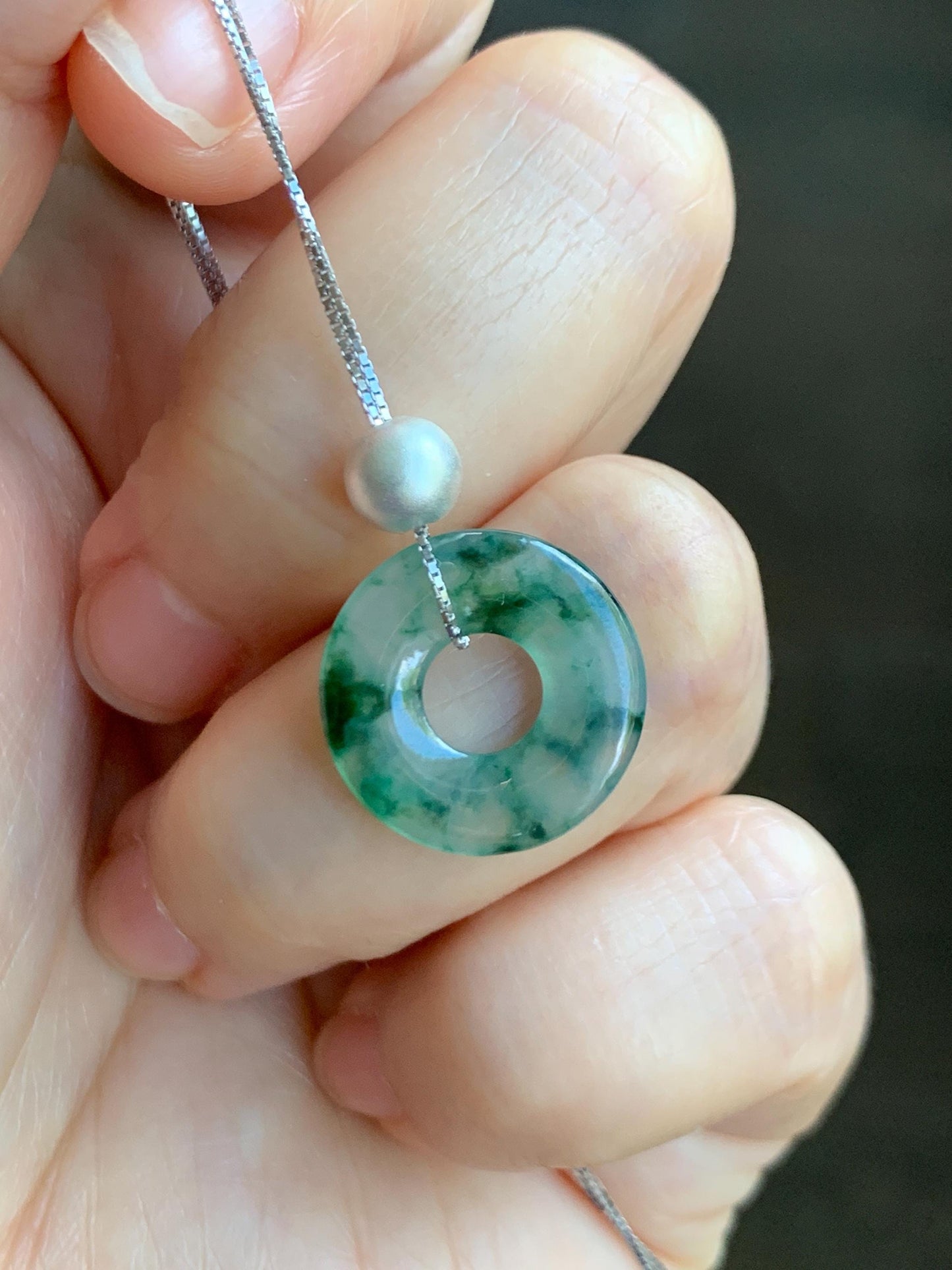 Natural Grade A Icy Translucent Green Marbled Jade Jadeite Ping An Kou Donut Pendant Sterling Silver Necklace 16” 天然老种冰飘绿花翡翠平安扣吊坠项链 MPH528B